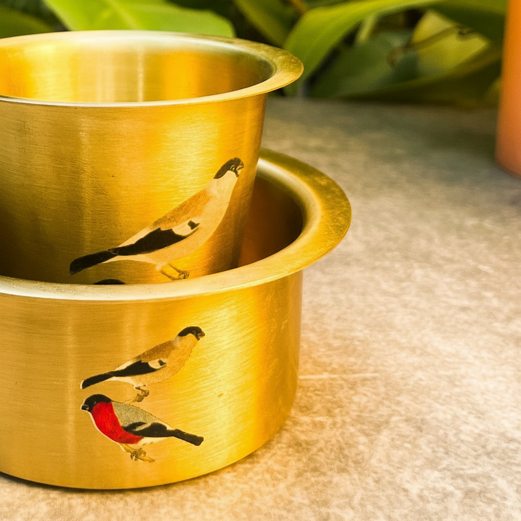 Pure Brass Sparrow Hand-Painted South Indian Coffee Dabara Set