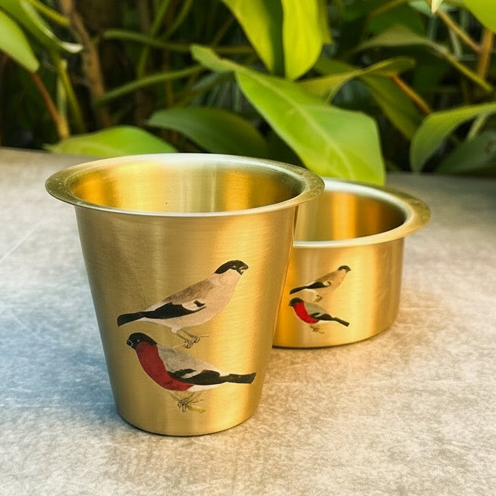 Pure Brass Sparrow Hand-Painted South Indian Coffee Dabara Set