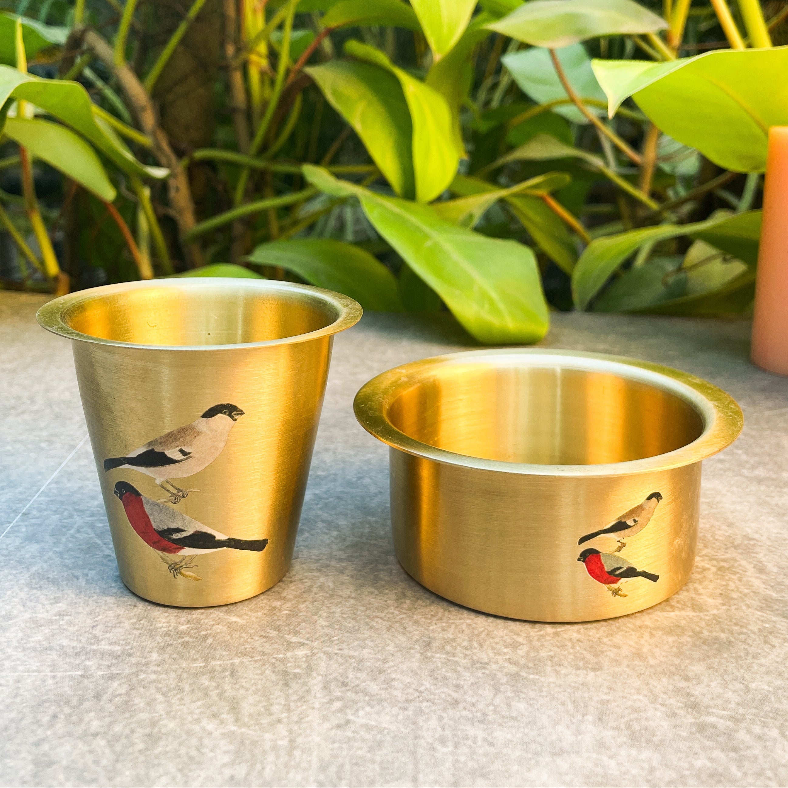 Pure Brass Sparrow Hand-Painted South Indian Coffee Dabara Set