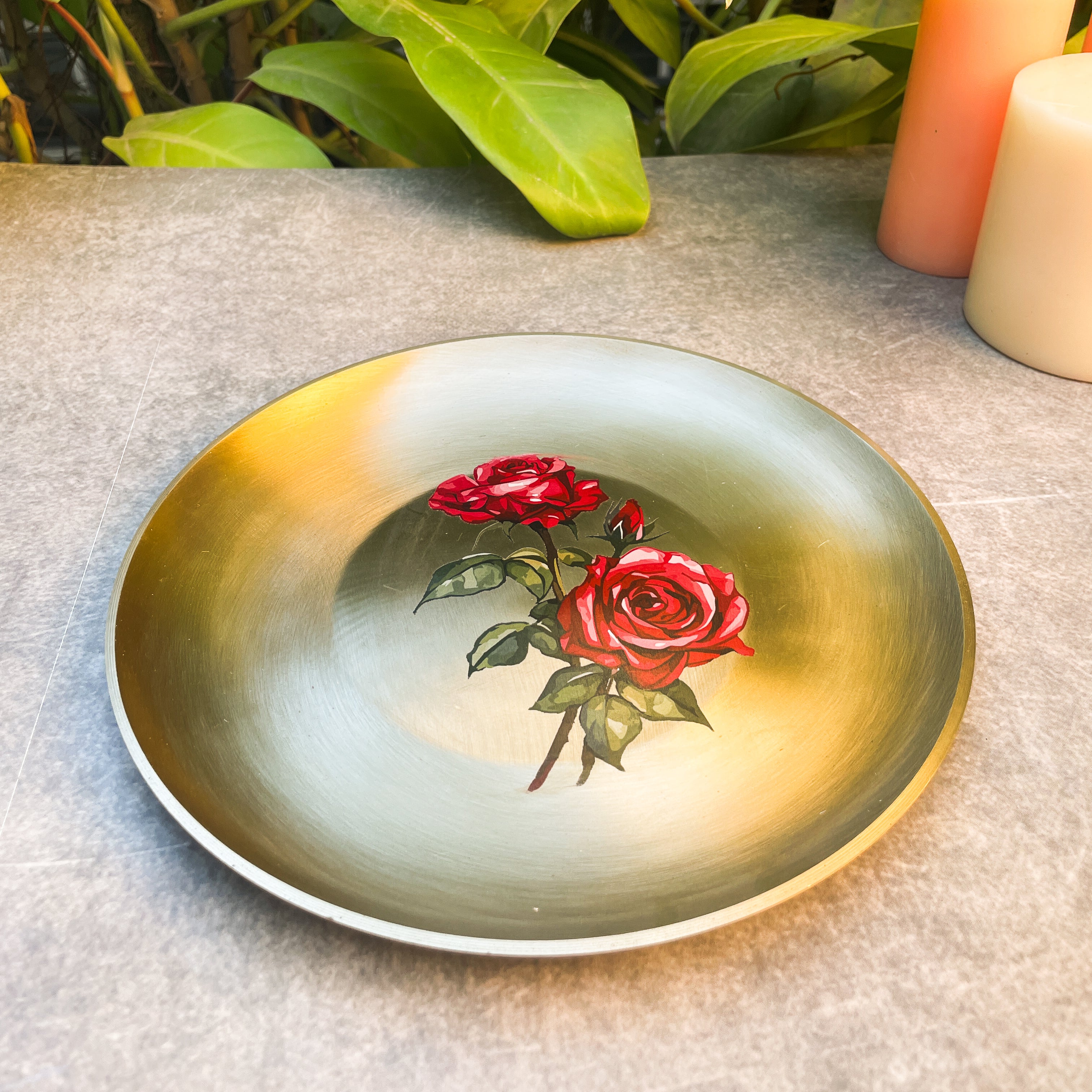 AMBI 100% Pure Lead Free Kansa Floral Hand Painted Finish Heavy Plate / Thali / Pooja Plate / Kids Plate - 8 inches