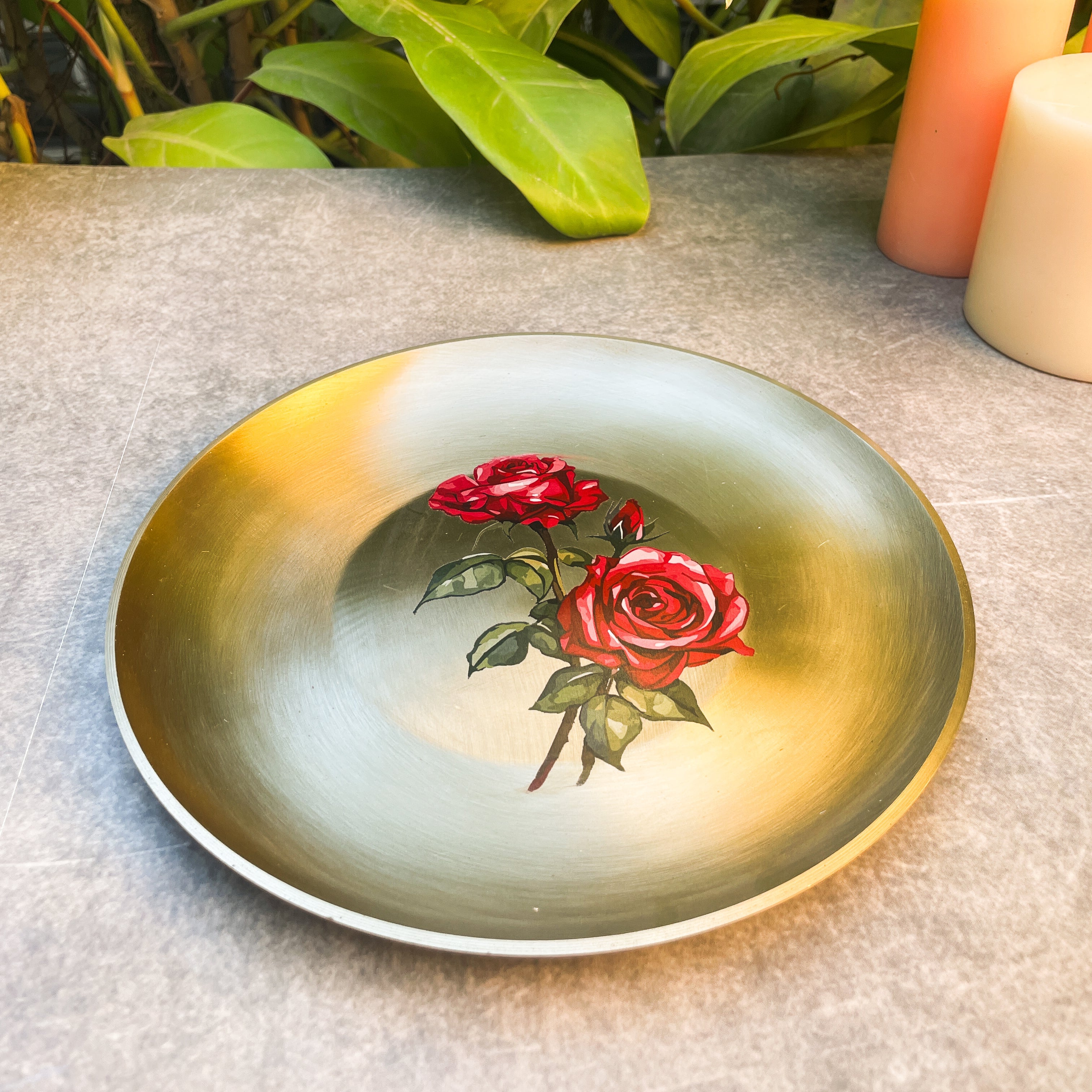 AMBI 100% Pure Lead Free Kansa Floral Hand Painted Finish Heavy Plate / Thali / Pooja Plate / Kids Plate - 8 Inch