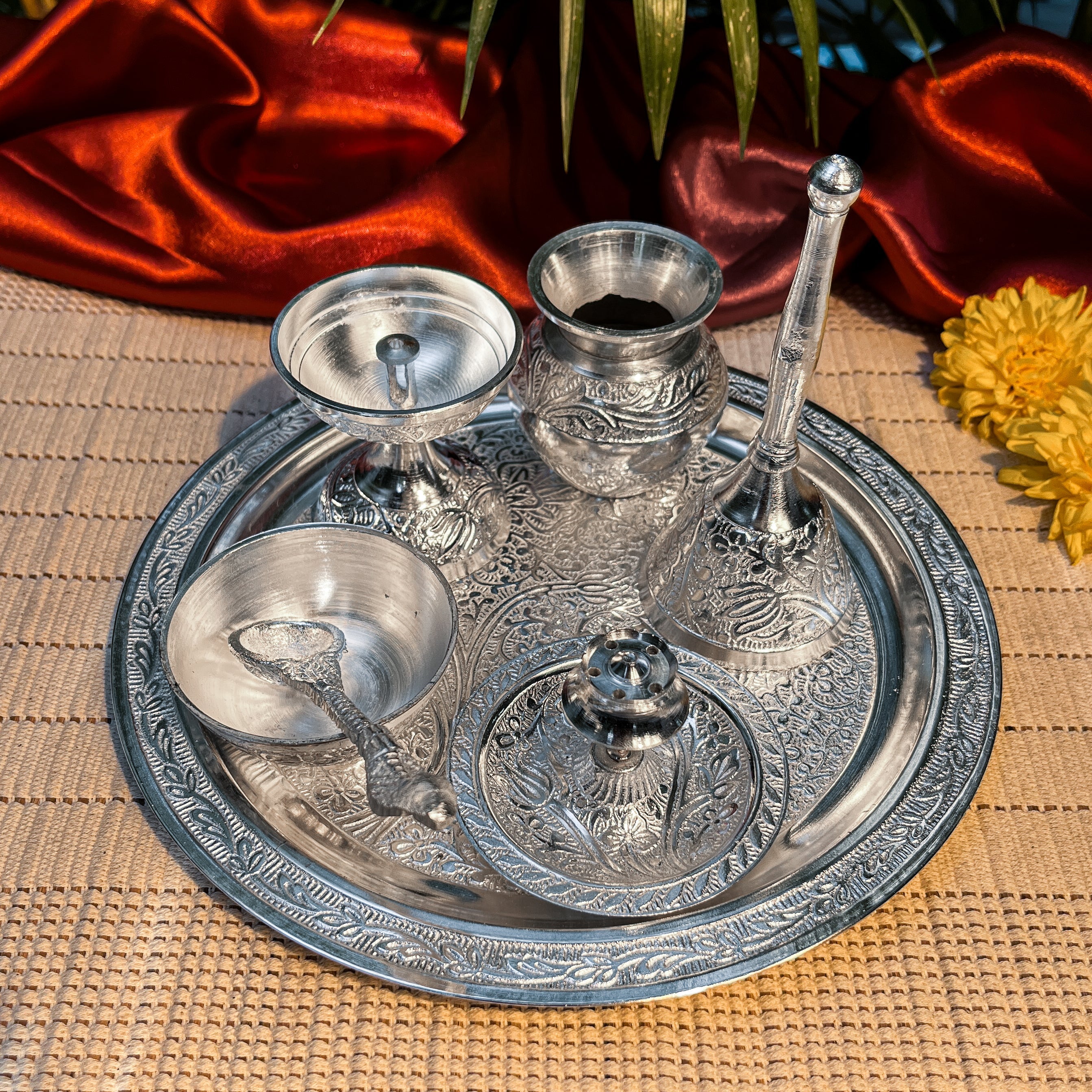 Ambi Silver-Plated Brass Puja Thali Set – Traditional Engraved | 450g
