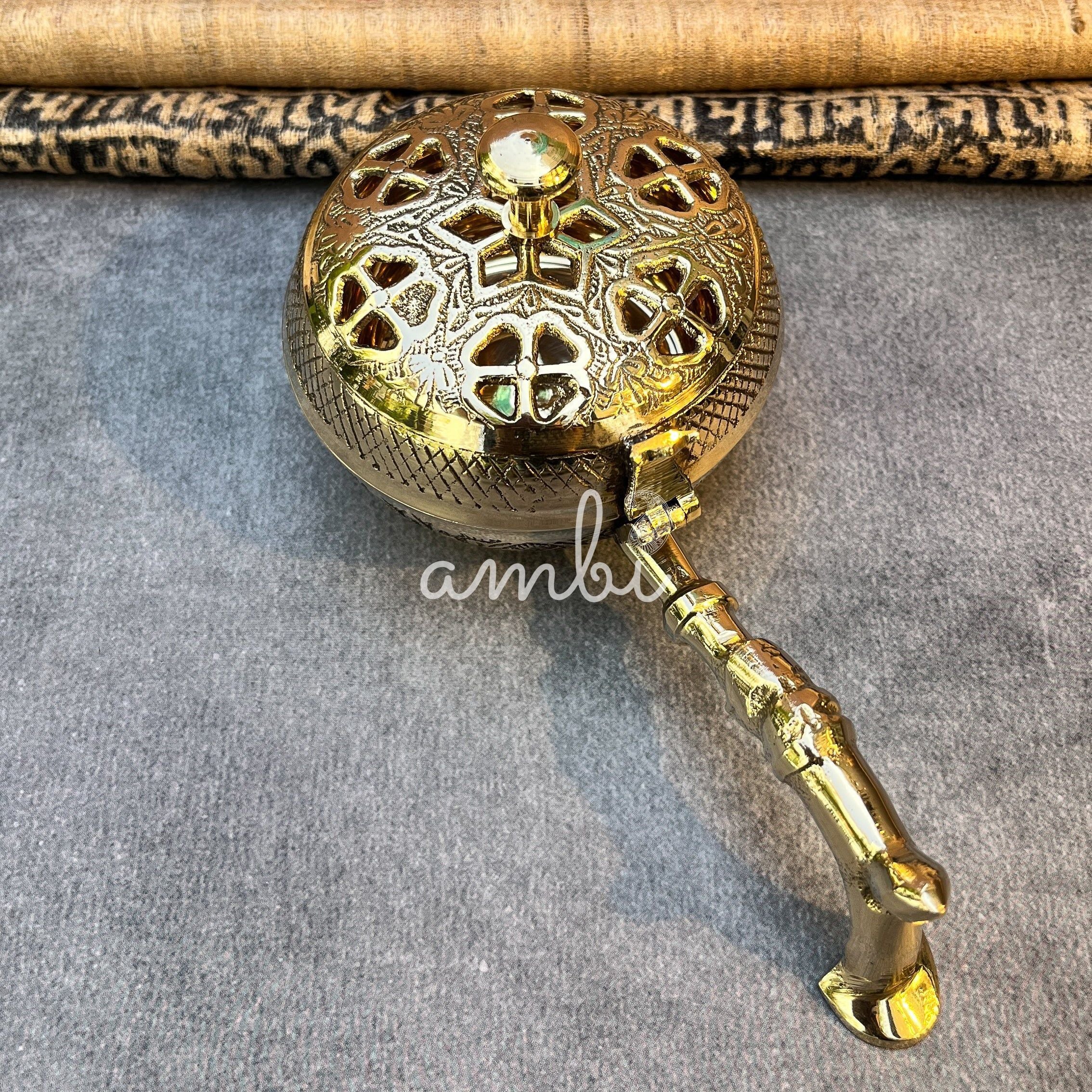 Ambi Regal Bloom Pure Brass Incense Burner (Dhoop Dani) / Dhuni with Handle
