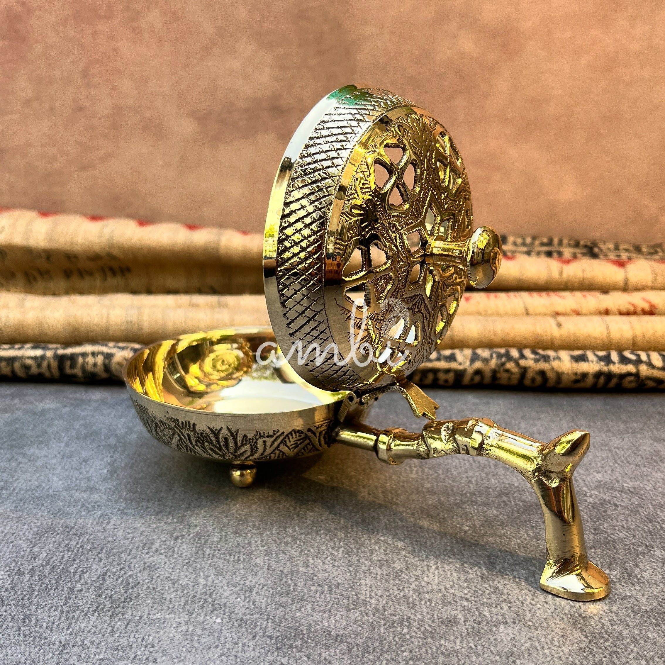 Ambi Regal Bloom Pure Brass Incense Burner (Dhoop Dani) / Dhuni with Handle