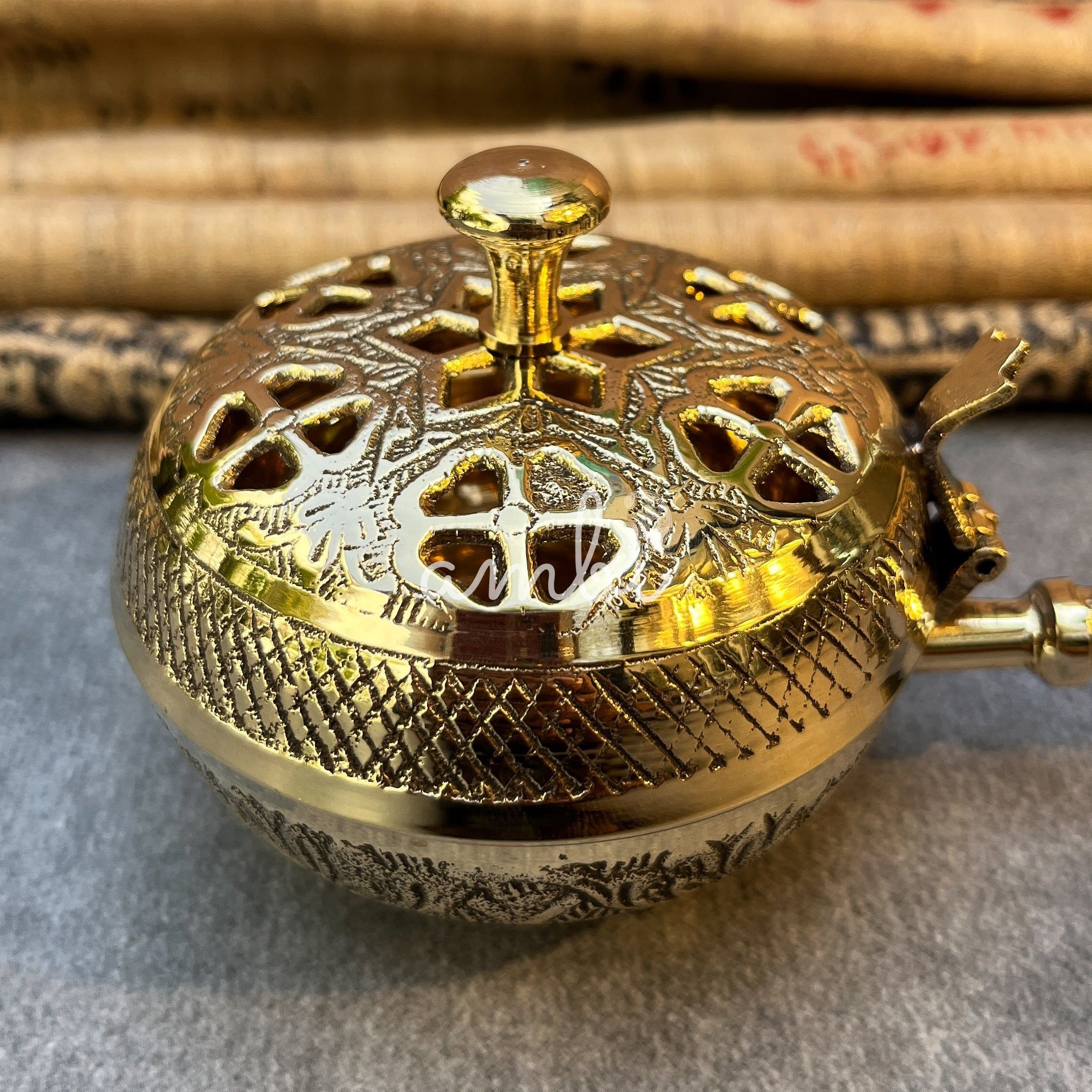 Ambi Regal Bloom Pure Brass Incense Burner (Dhoop Dani) / Dhuni with Handle
