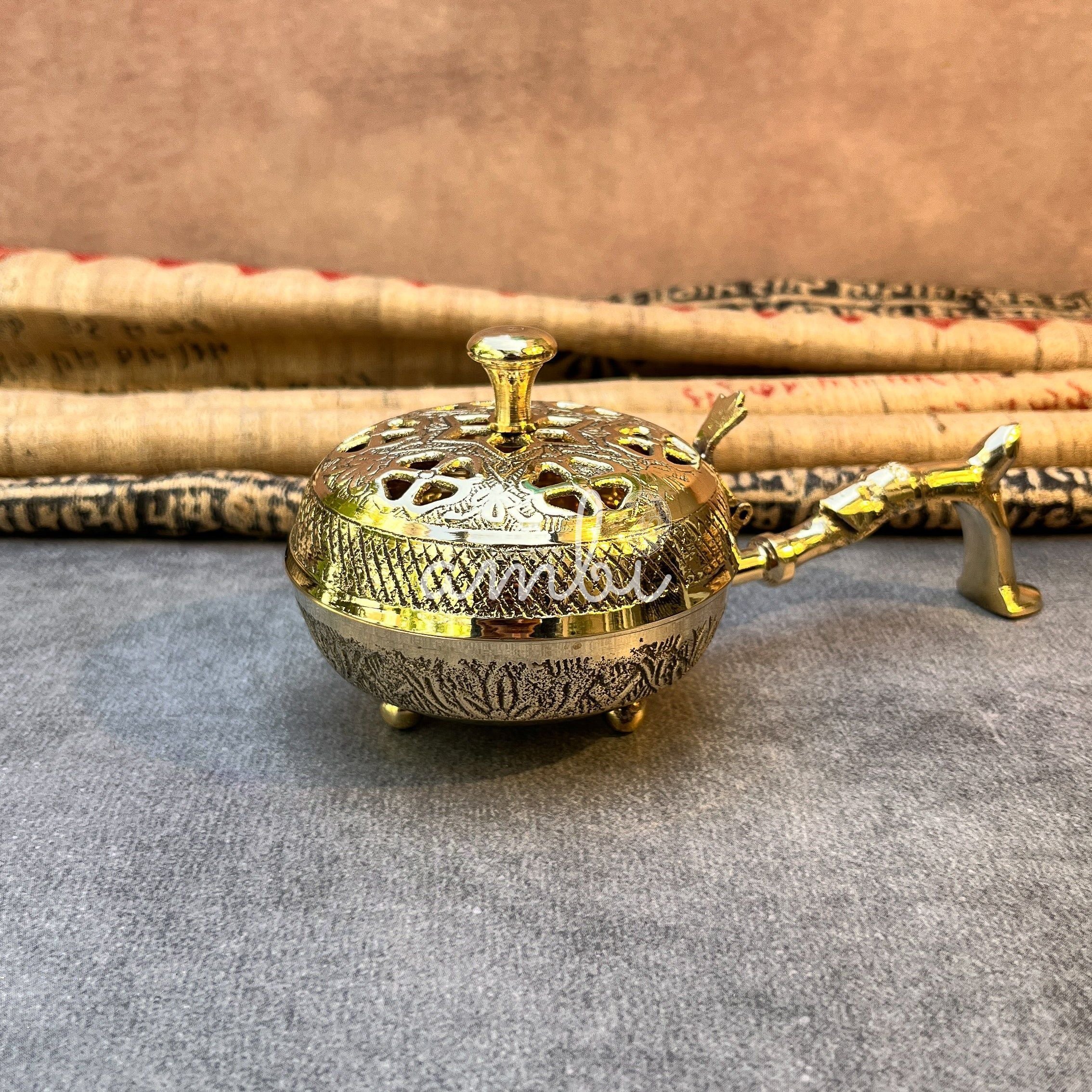 Ambi Regal Bloom Pure Brass Incense Burner (Dhoop Dani) / Dhuni with Handle