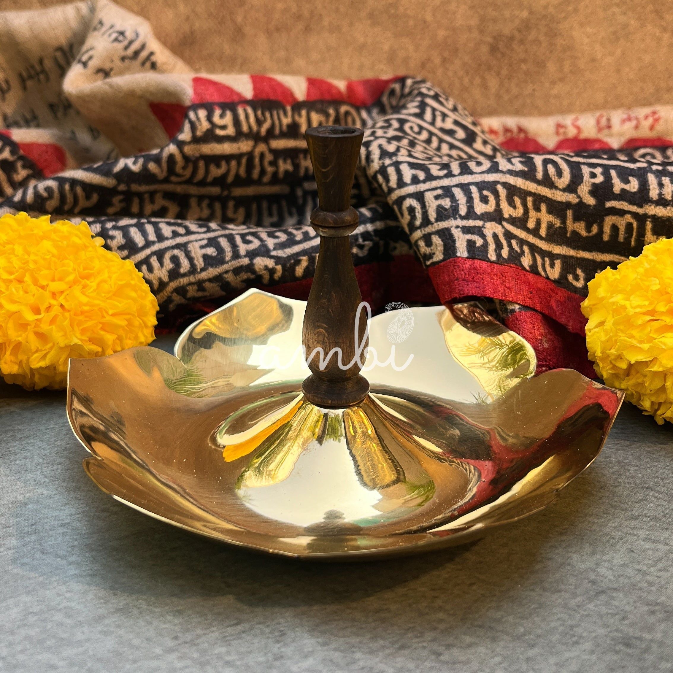 Ambi Lotus Crest Pure Brass Incense Holder with Wooden Stem