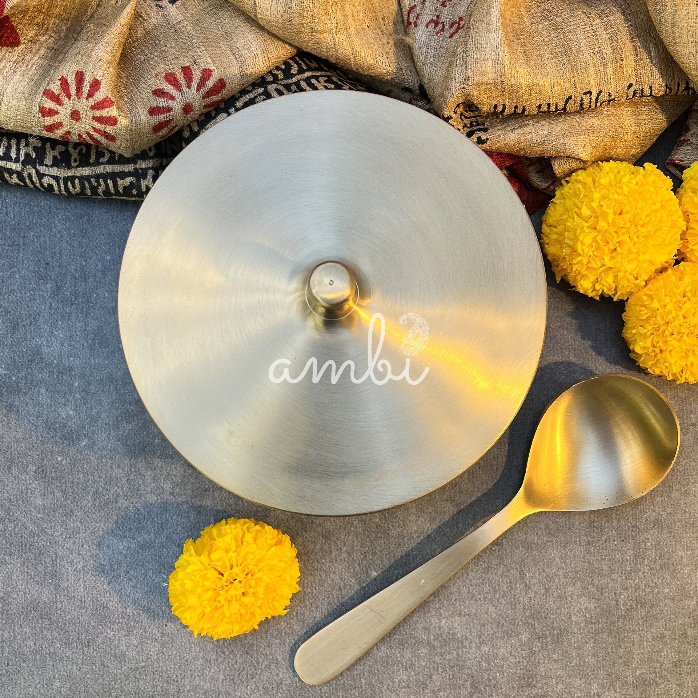 Ambi 100% Pure Lead-Free Kansa Serving Handi with Dome Lid & Serving Spoon – Medium Size