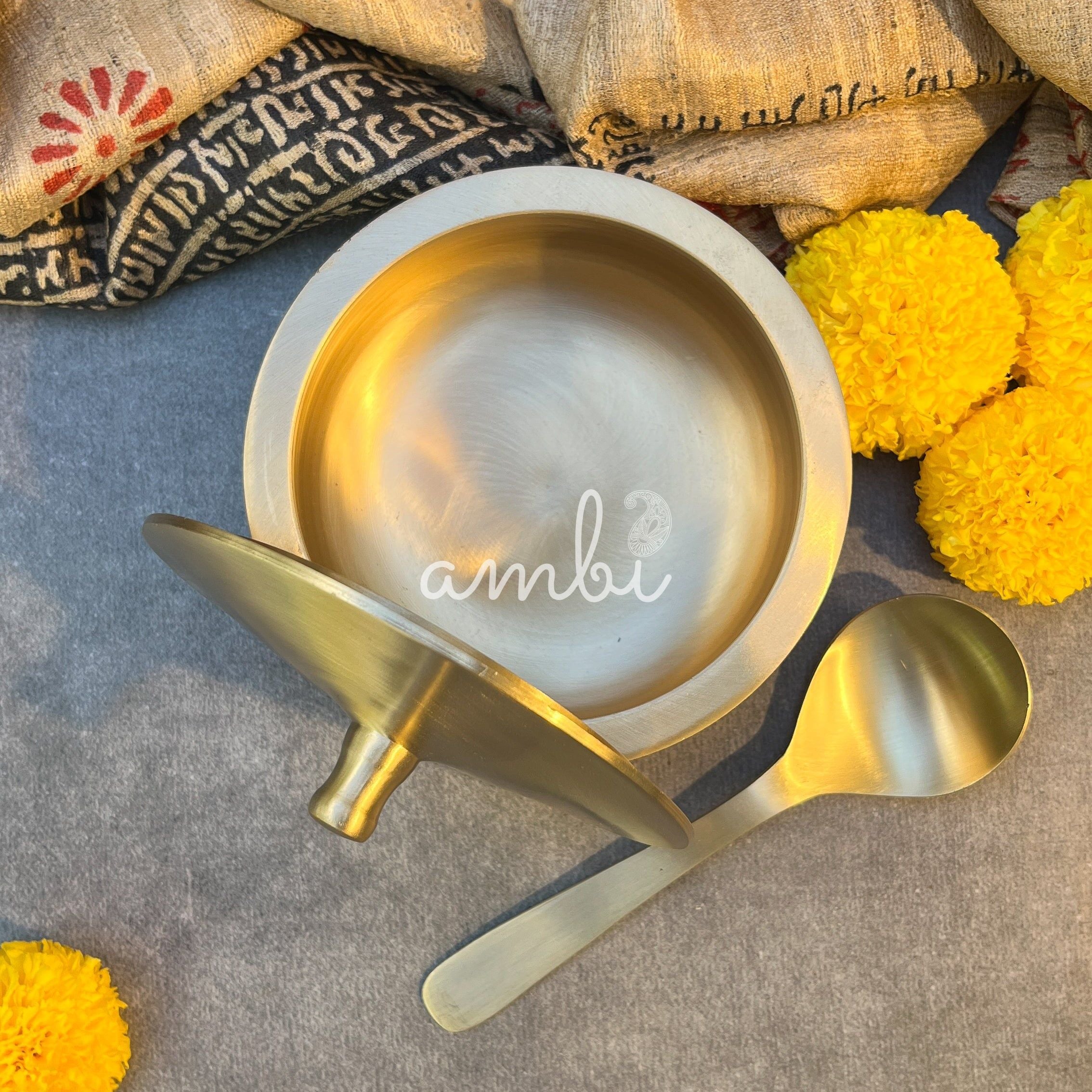 Ambi 100% Pure Lead-Free Kansa Serving Handi with Dome Lid & Serving Spoon – Small Size