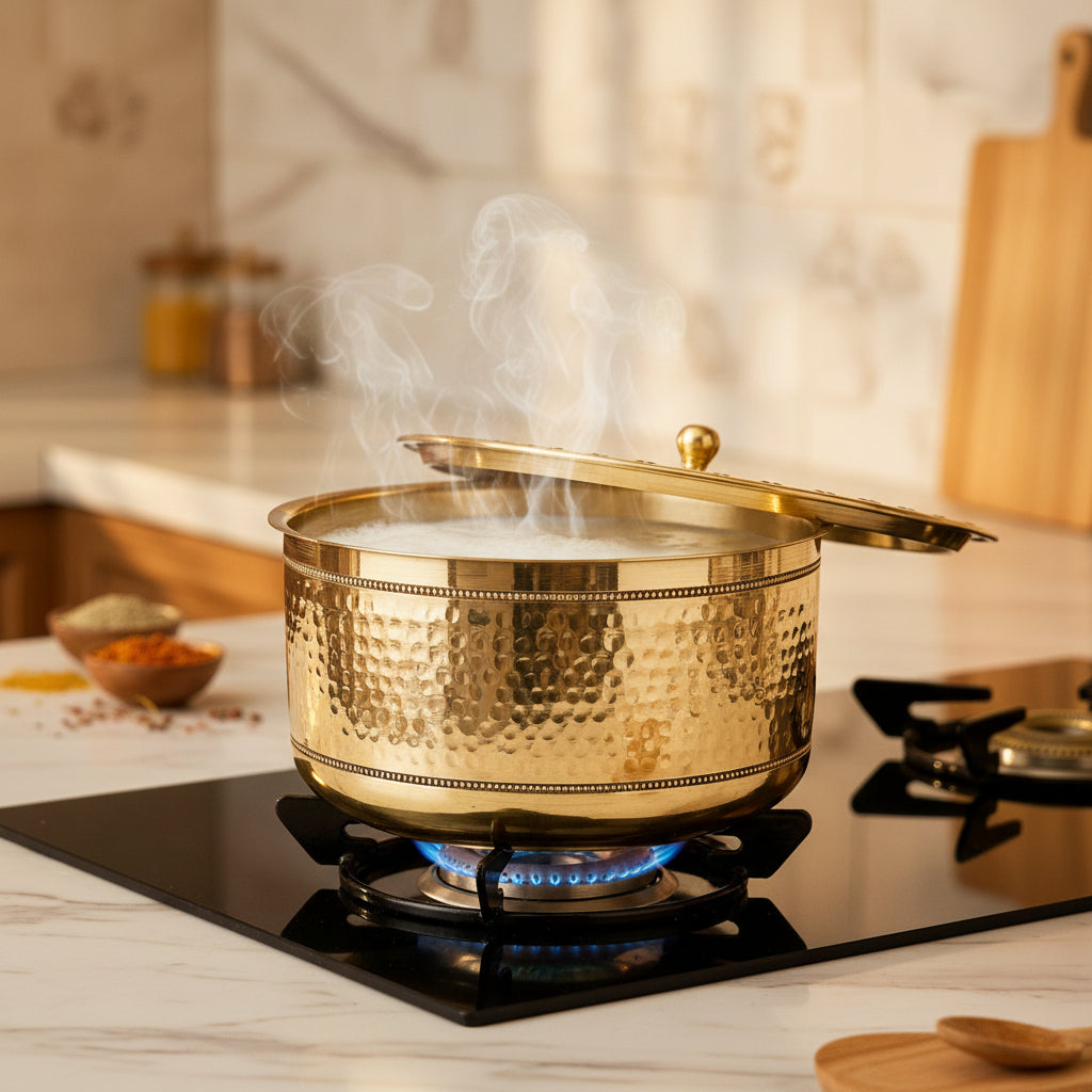 Ambi Home Pure Brass Medium Hammered Milk Boiling Pateela with Lid | 1.5L Traditional Indian Cooking Pot