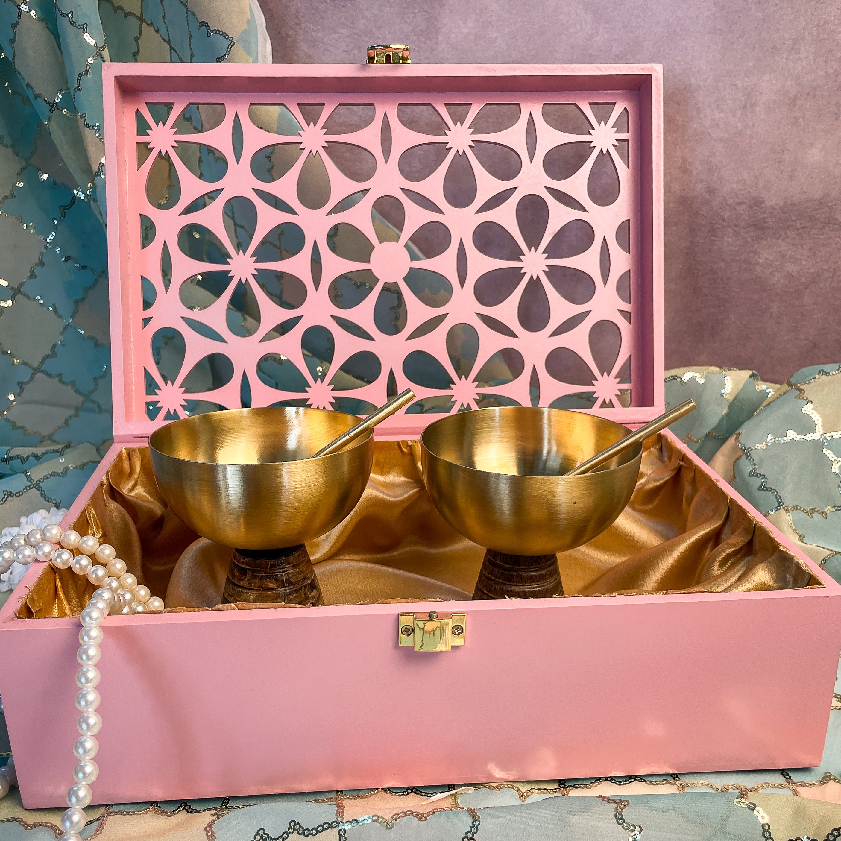 AMBI Premium Floral Jaali Wooden Gift Box with Brass Dessert Bowl (with spoon) - Set of 2