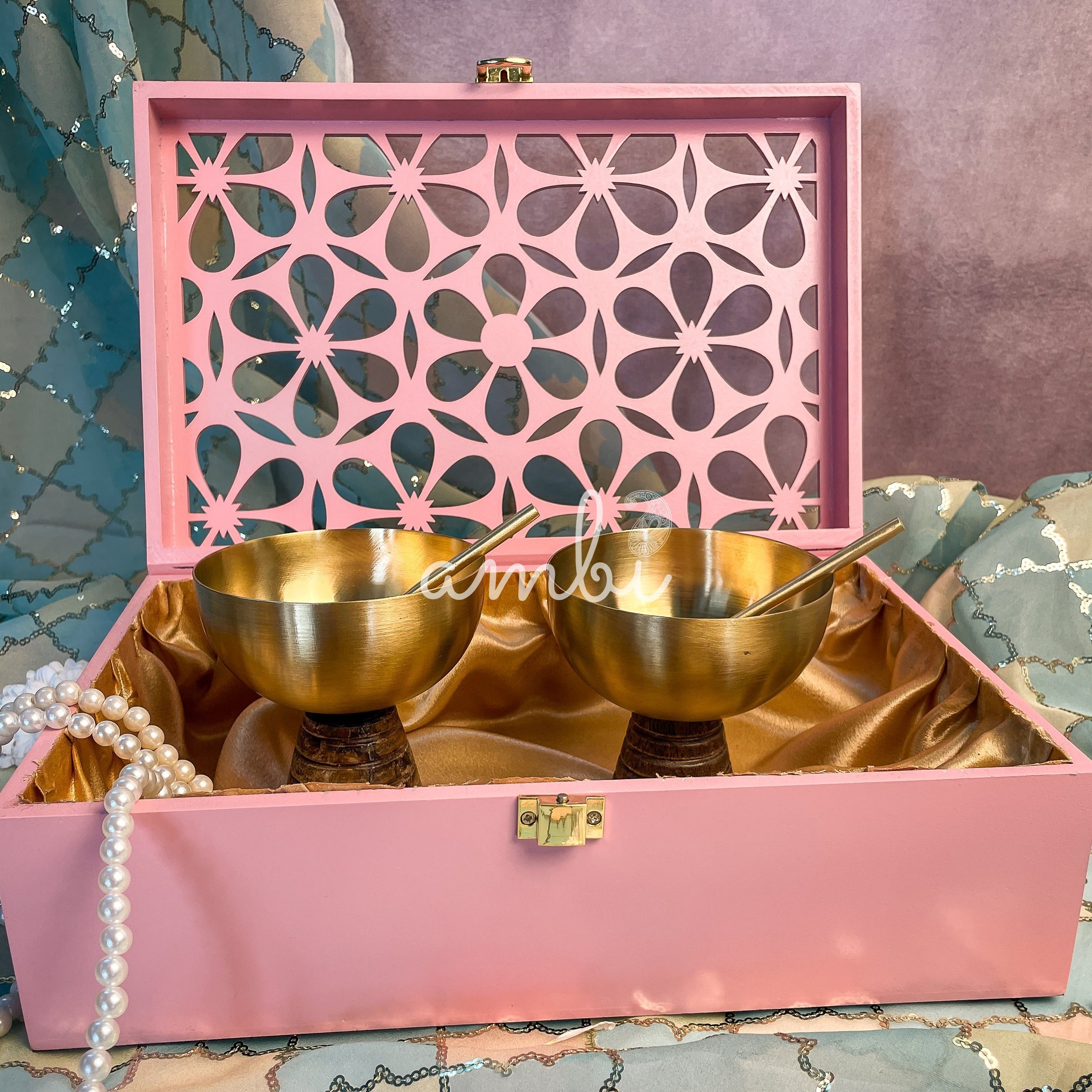 AMBI Premium Floral Jaali Wooden Gift Box with Brass Dessert Bowl (with spoon) - Set of 2