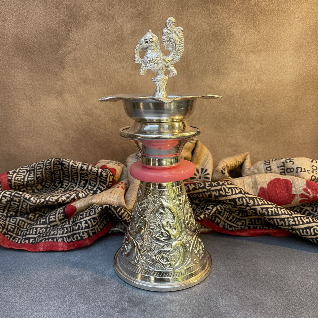 Ambi Silver-Plated Brass Peacock Oil Lamp – Decorative Pooja Diya | 400g