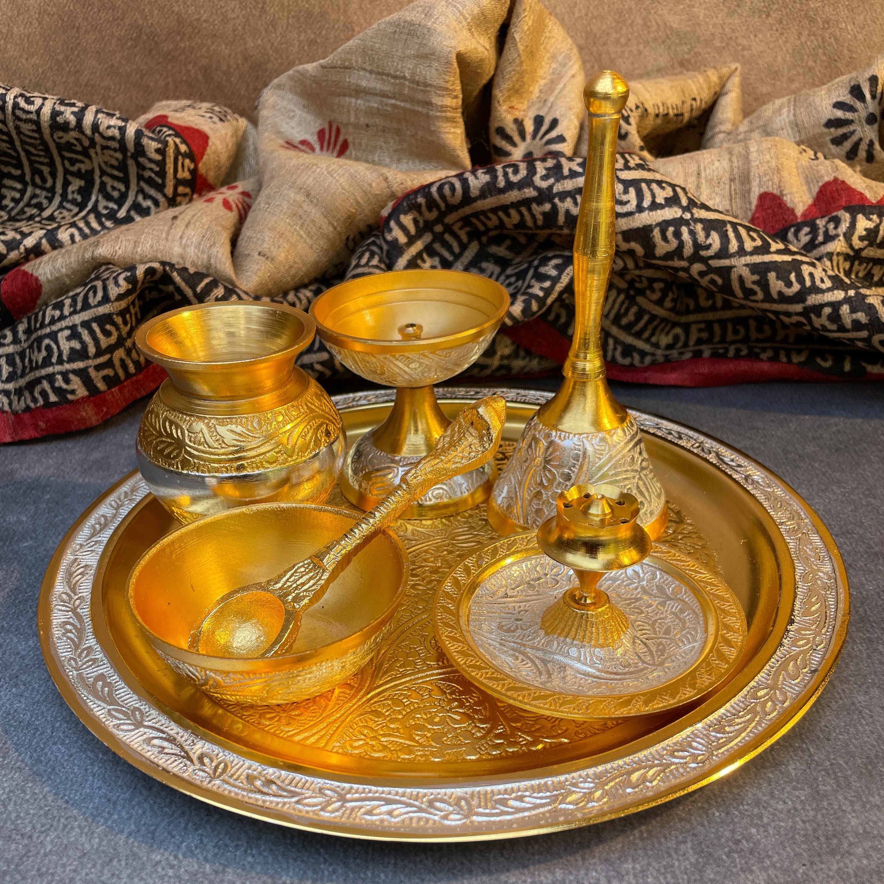 AMBI Pure Brass Puja Thali Set – Traditional Engraved Design