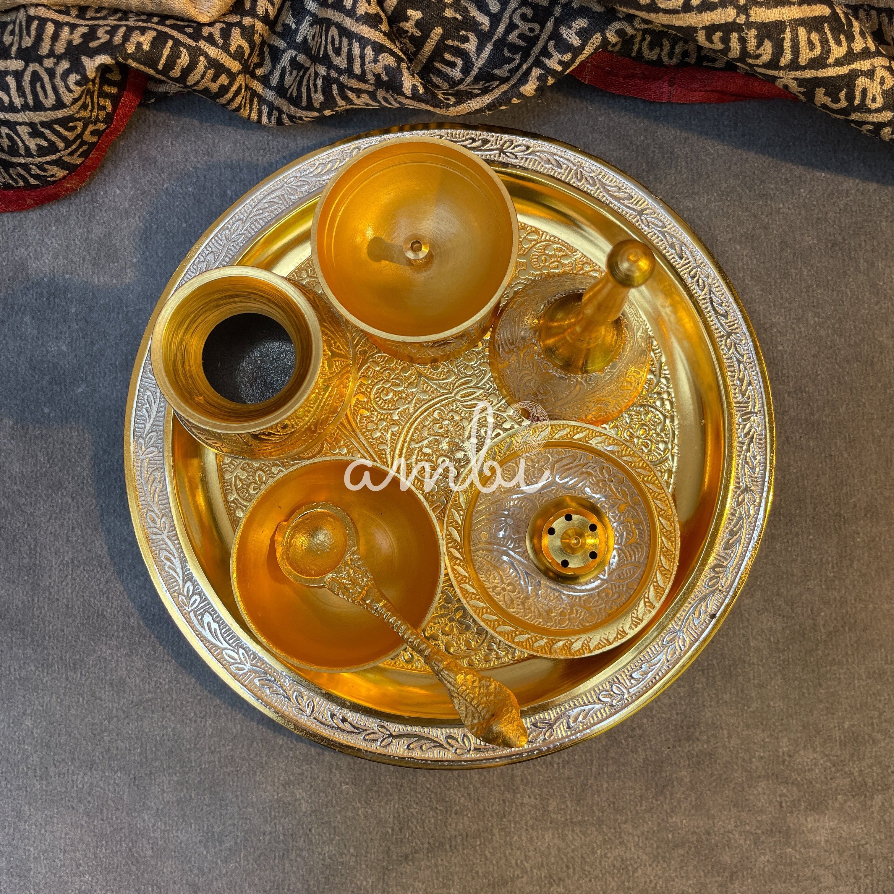 AMBI Pure Brass Puja Thali Set – Traditional Engraved Design
