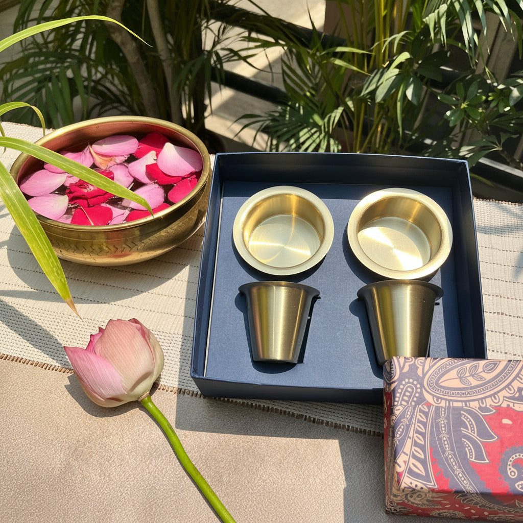 Pure Brass Filter Coffee & Dabara Gift Set — The Morning Ritual | Set of 2