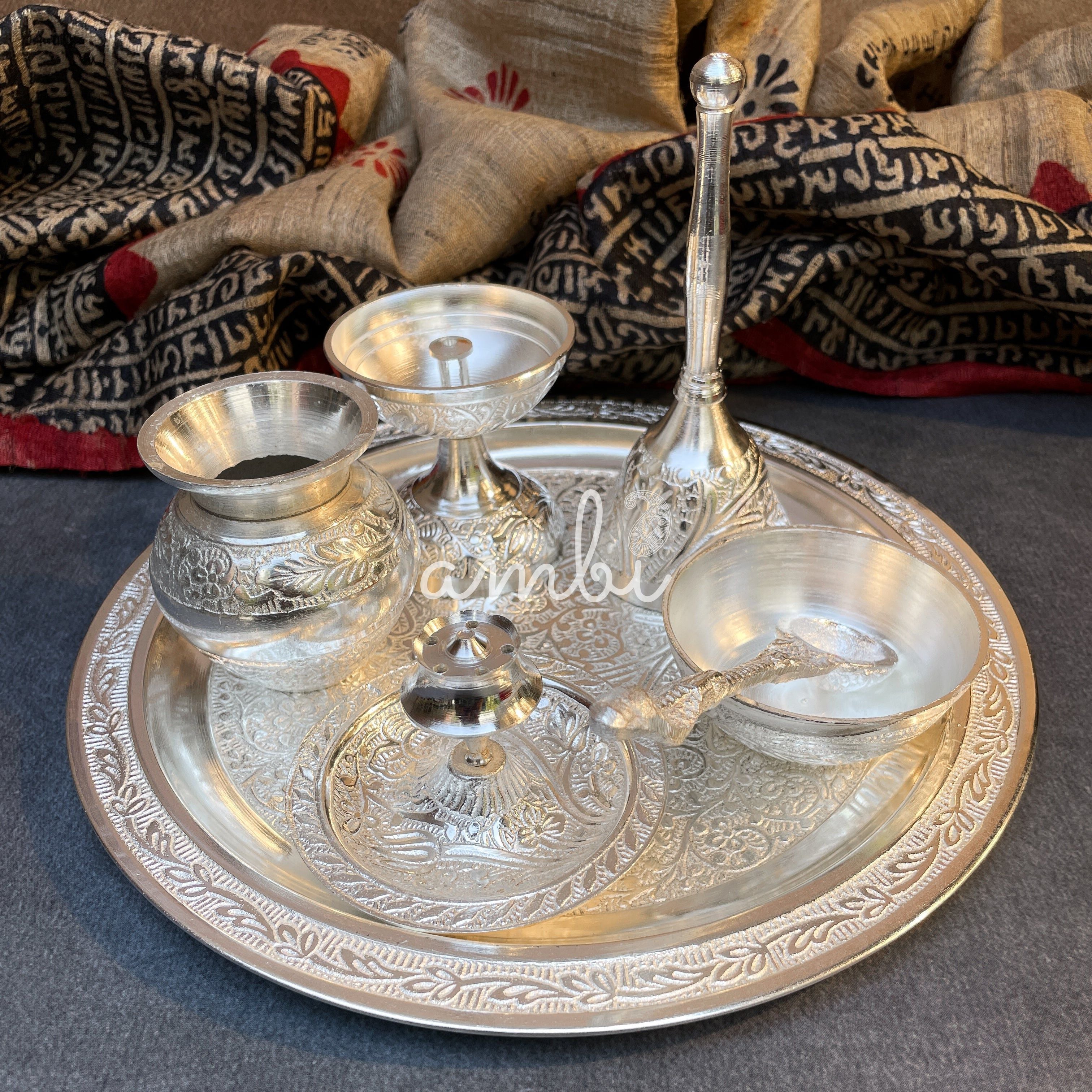 AMBI Silver Plated Puja Thali Set – Traditional Engraved Design