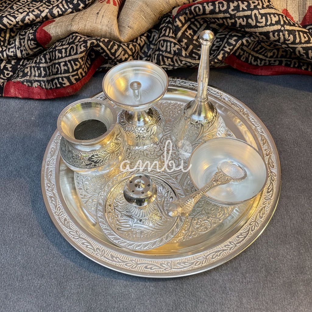 AMBI Silver Plated Puja Thali Set – Traditional Engraved Design
