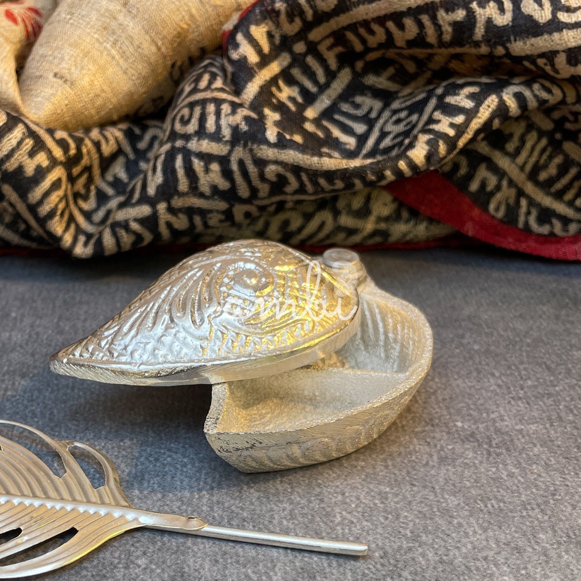 Ambi Silver-Plated Brass Kumkum (Vermilion) Box Set with Feather-Shaped Applicator Stick