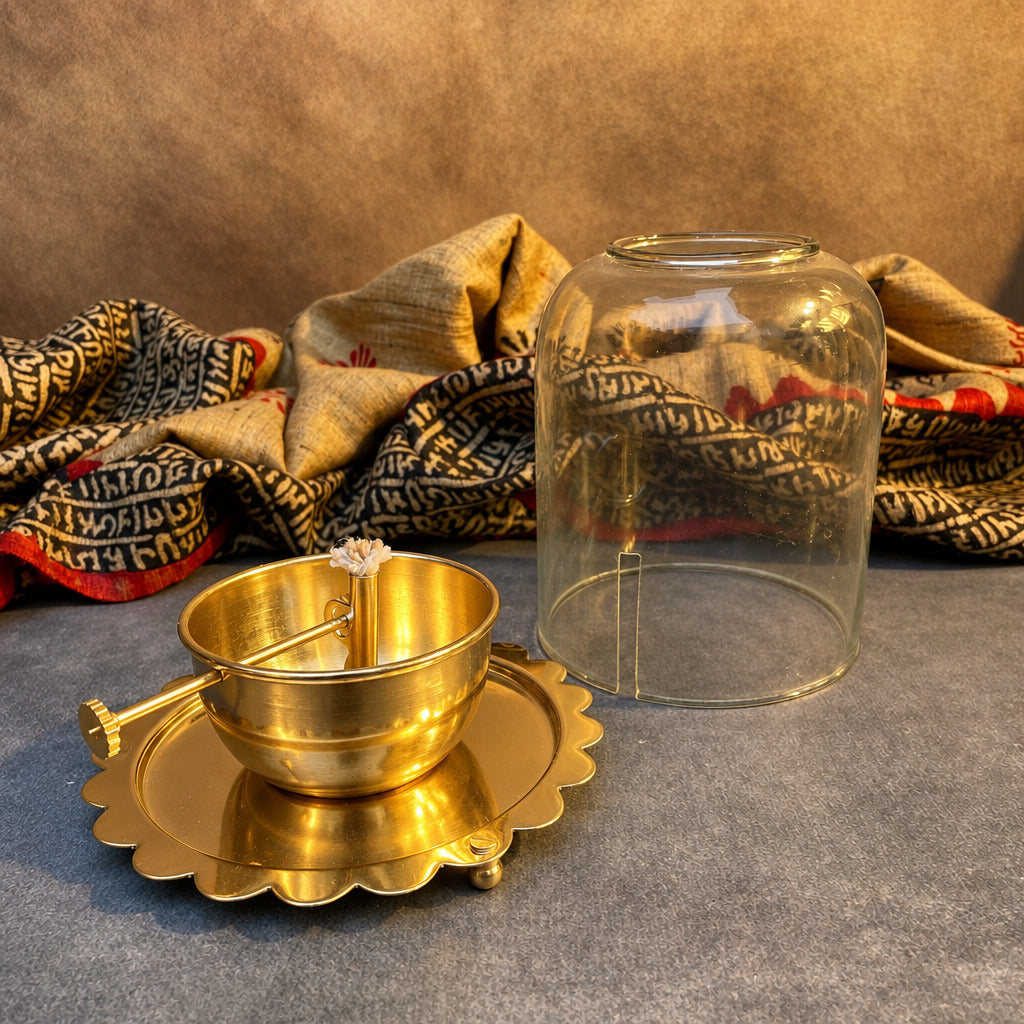 Ambi Silver-Plated Brass Akhand Jyot Diya with Protective Shield | 301g