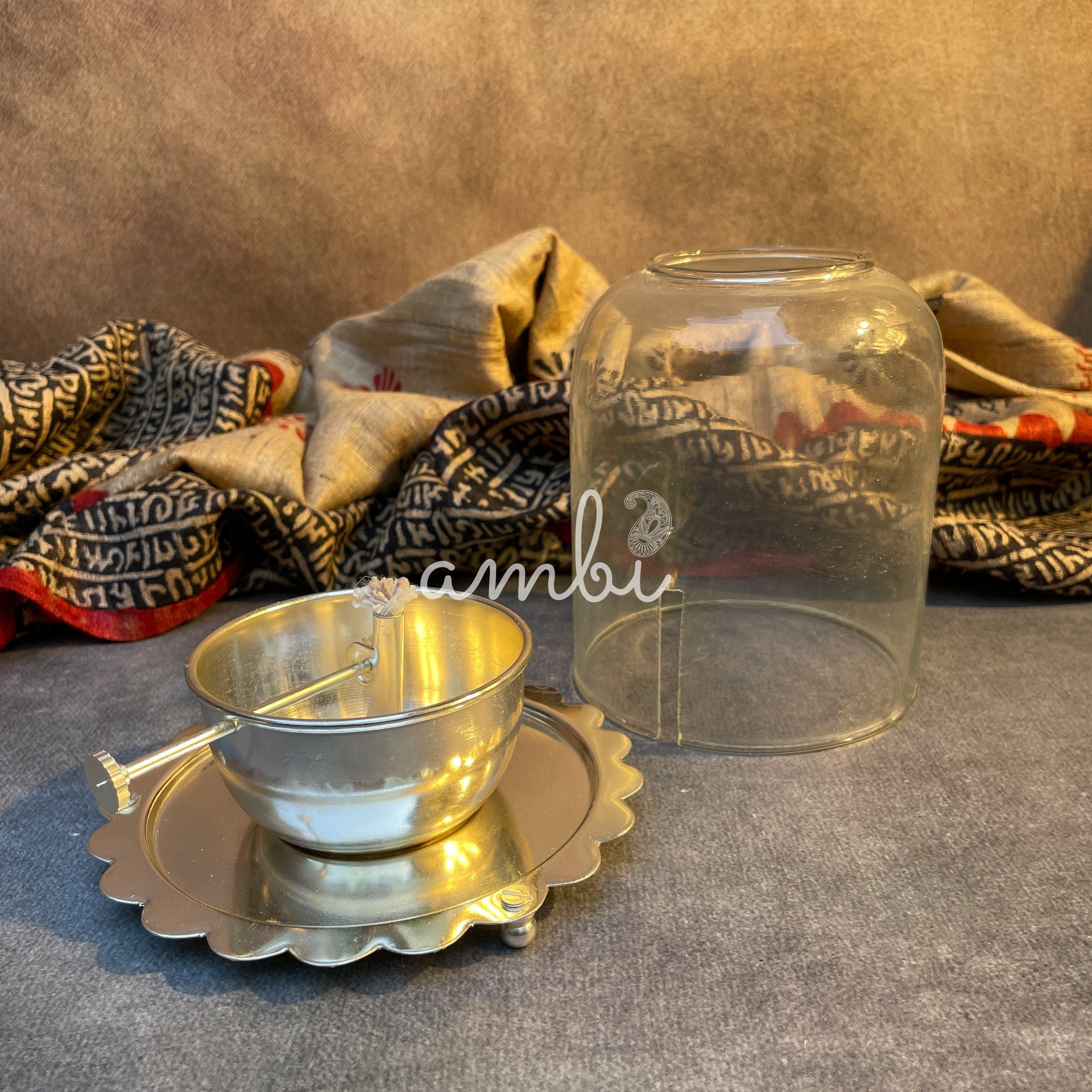 AMBI Sacred Flame Silver Plated Brass Diya with Glass Shield