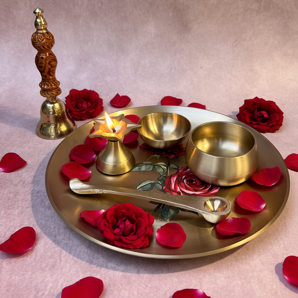 Ambi Divine Experience - Pure Lead Free Kansa Puja Thali Set of 6 with Rose Motif