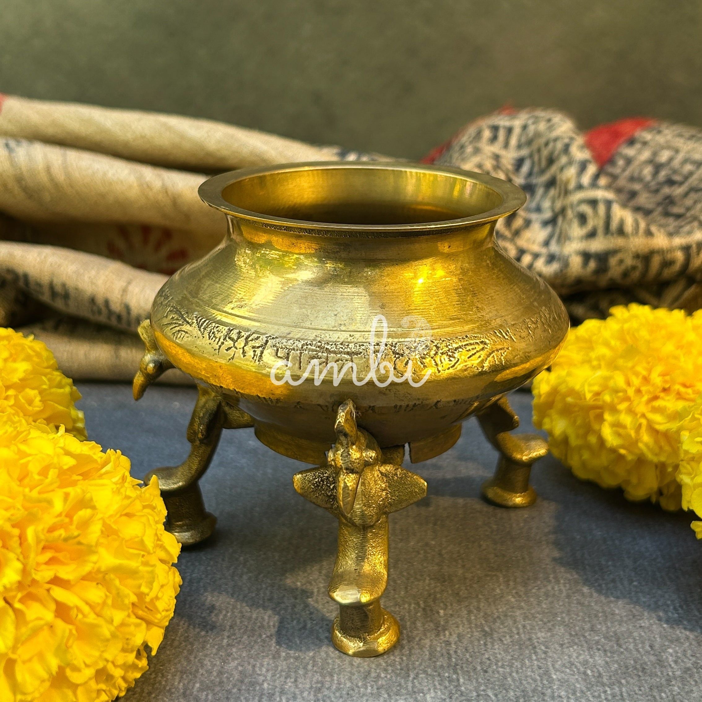 Ambi Vintage Hand-Hammered Brass Water Pot with Decorative Legs - Small