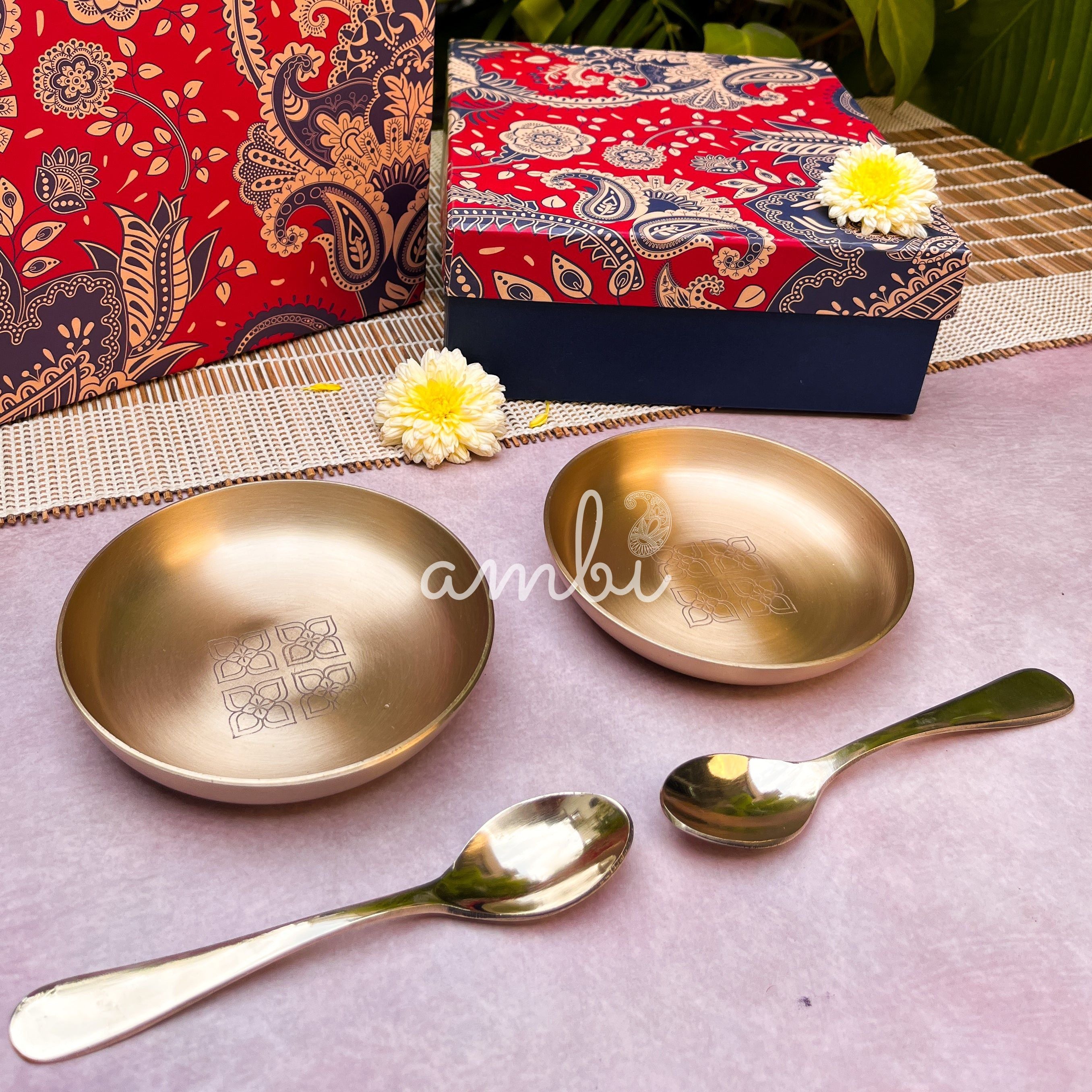 Gift Box - AMBI 100% Pure Lead Free Kansa Pattern Etched Small Plate & Spoon Set of 2/4/8