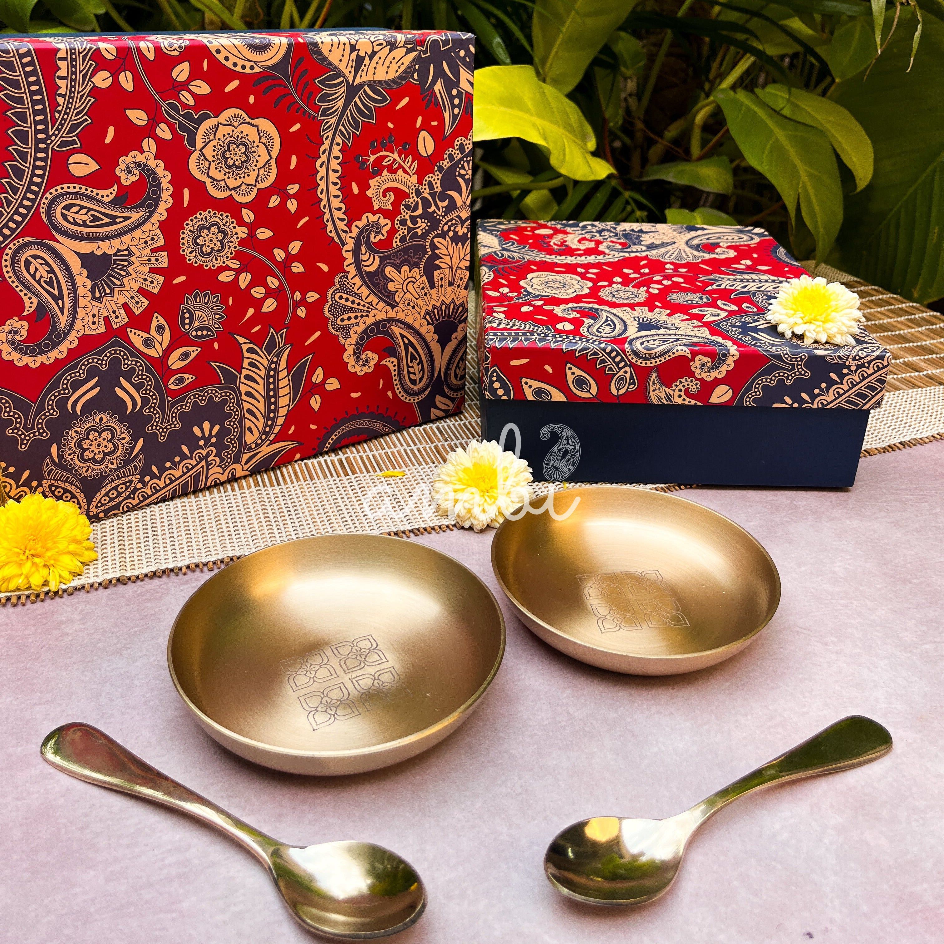 Gift Box - AMBI 100% Pure Lead Free Kansa Pattern Etched Small Plate & Spoon Set of 2/4/8