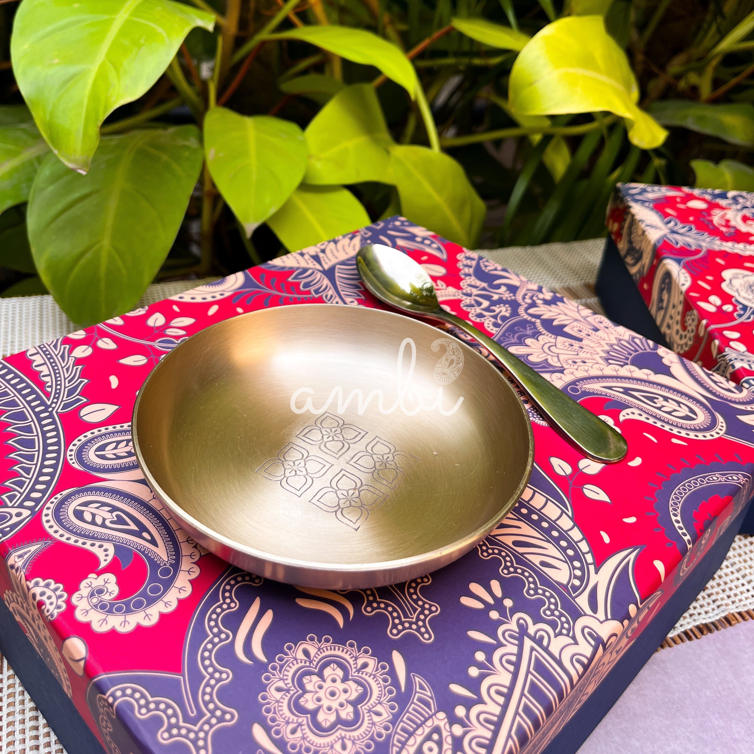 Gift Box - AMBI 100% Pure Lead Free Kansa Pattern Etched Small Plate & Spoon Set of 2/4/8