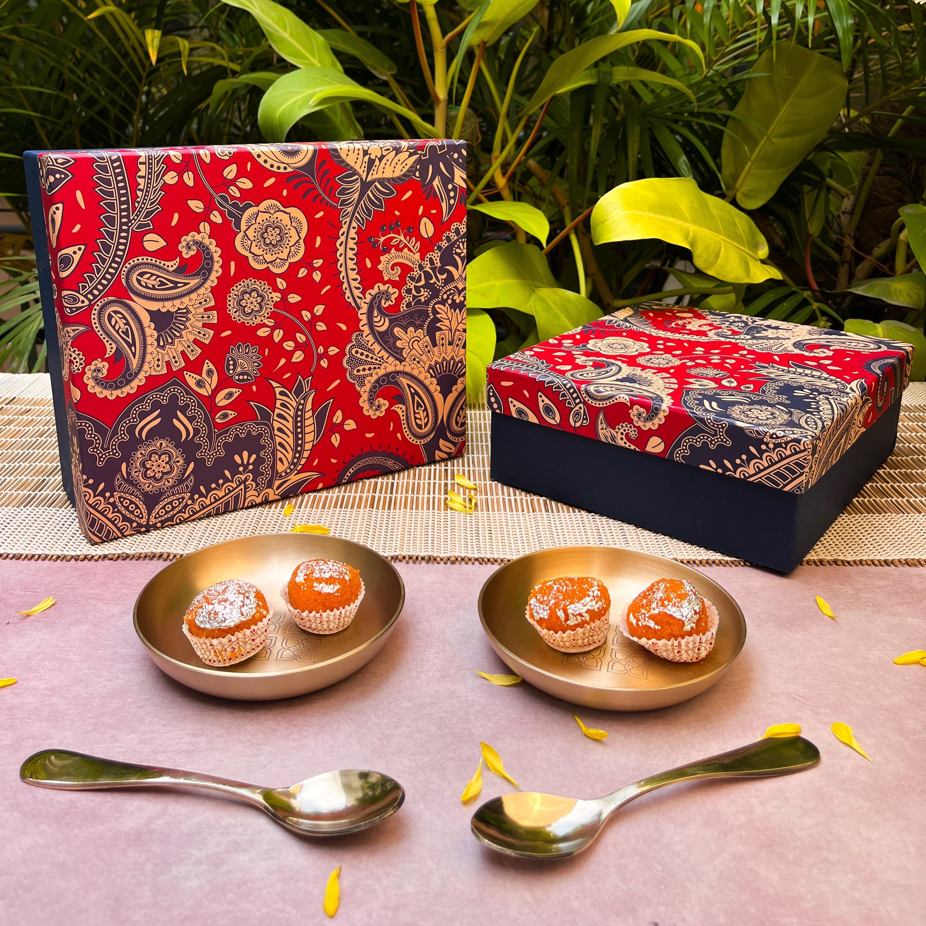 Gift Box - AMBI 100% Pure Lead Free Kansa Pattern Etched Small Plate & Spoon Set of 2/4/8