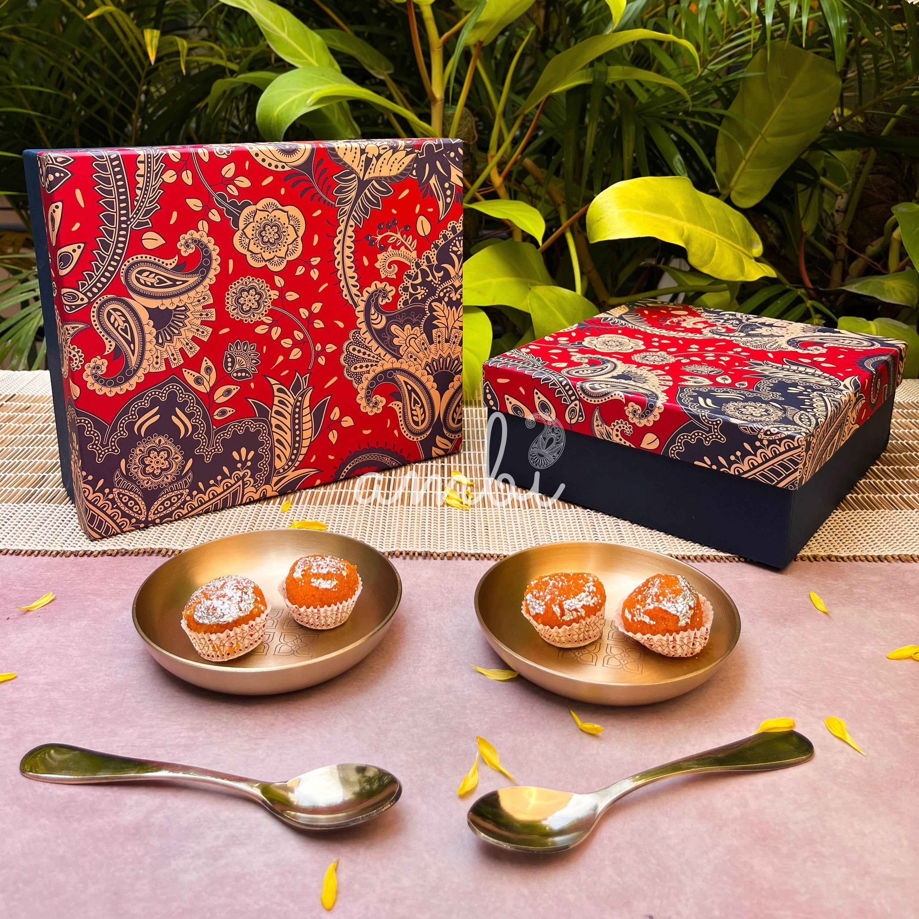 Gift Box - AMBI 100% Pure Lead Free Kansa Pattern Etched Small Plate & Spoon Set of 2/4/8