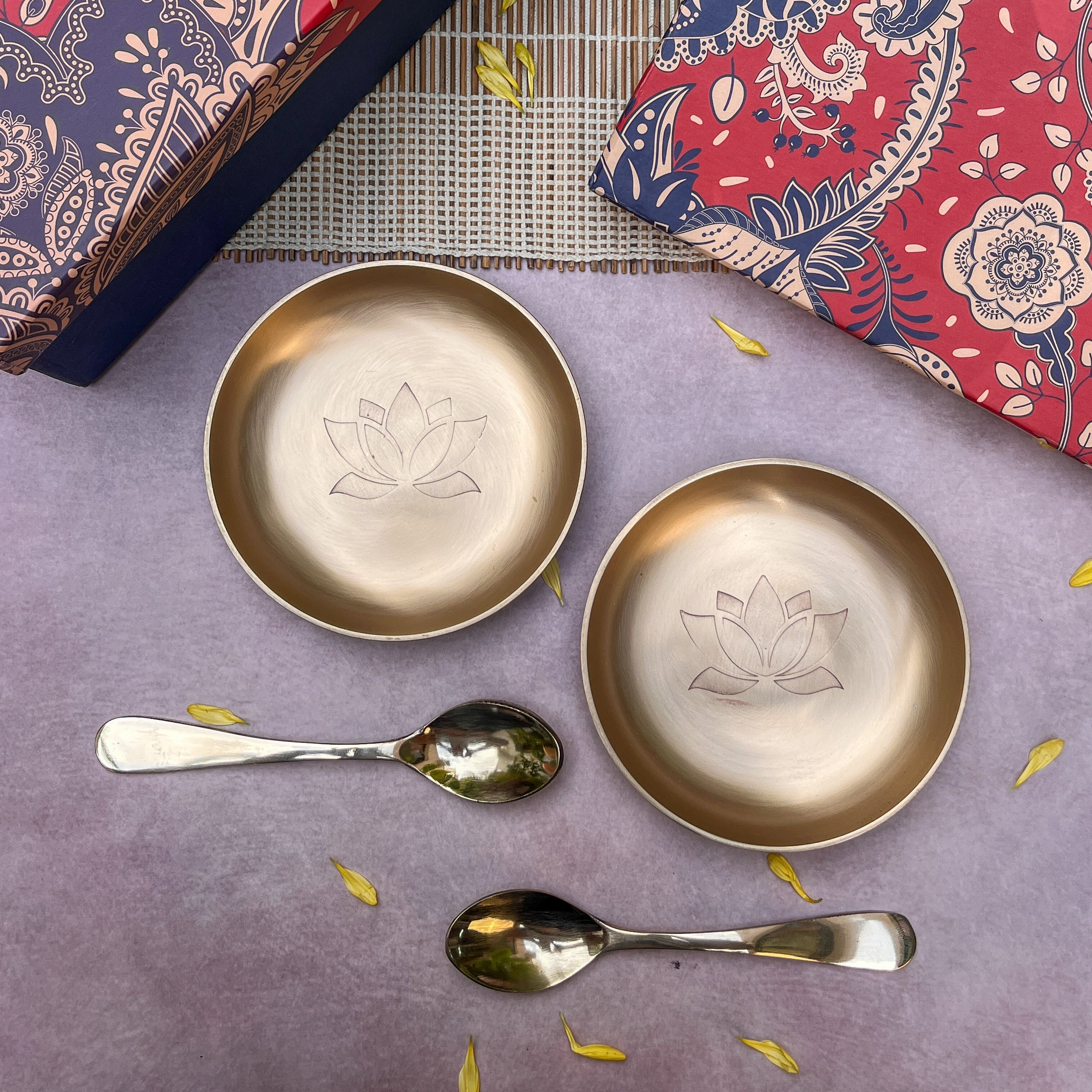 Gift Box - AMBI 100% Pure Lead Free Kansa Lotus Etched Small Plate & Spoon