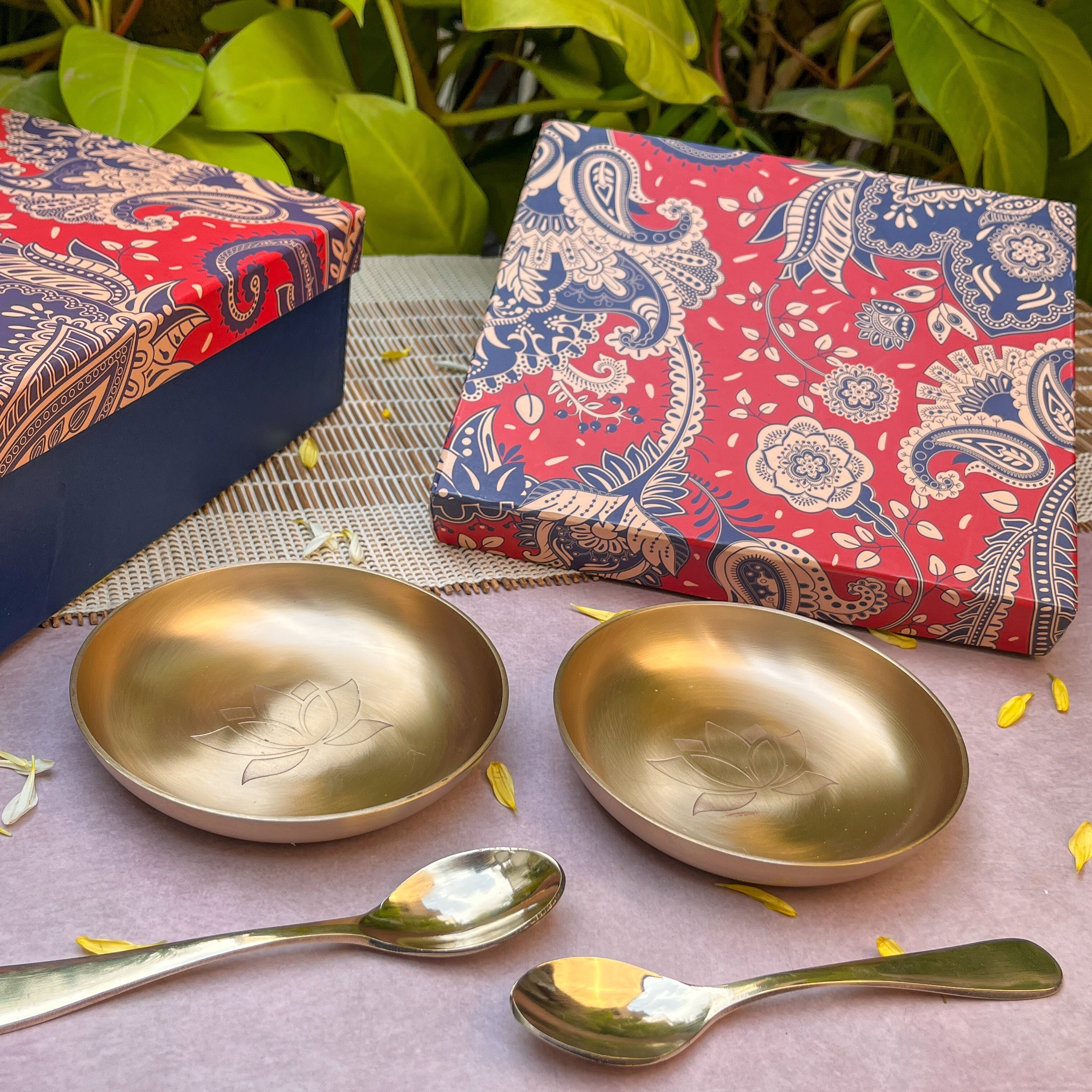 Gift Box - AMBI 100% Pure Lead Free Kansa Lotus Etched Small Plate & Spoon
