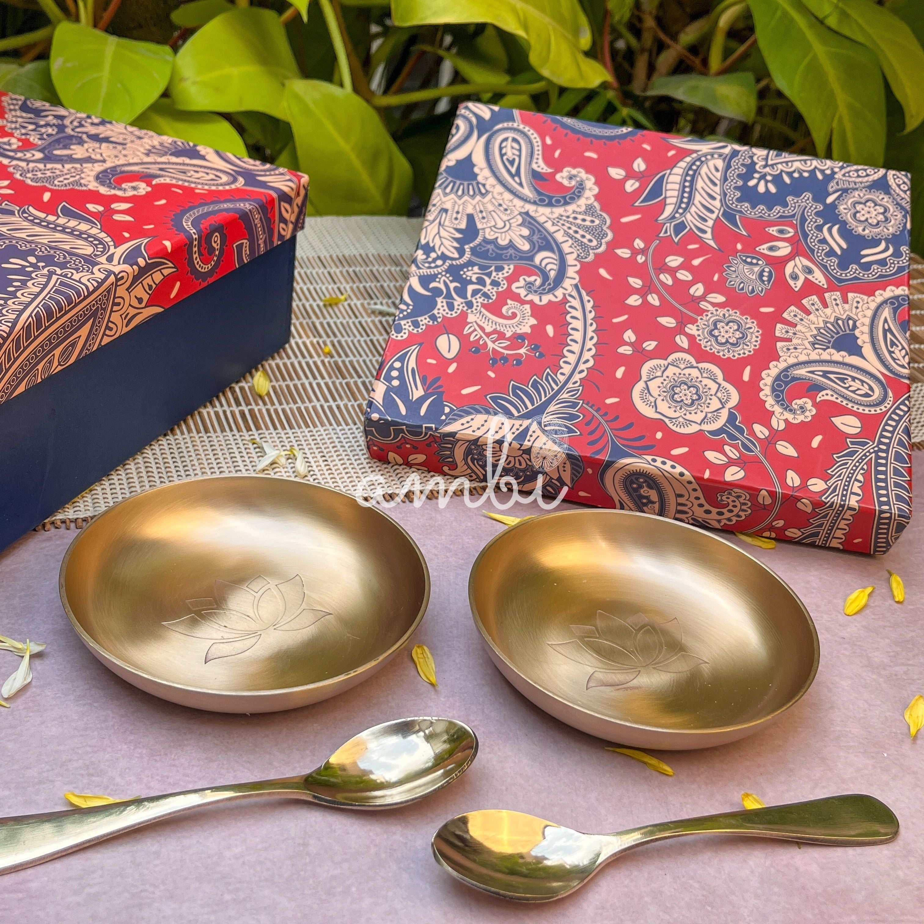 Gift Box - AMBI 100% Pure Lead Free Kansa Lotus Etched Small Plate & Spoon Set of 2/4/8