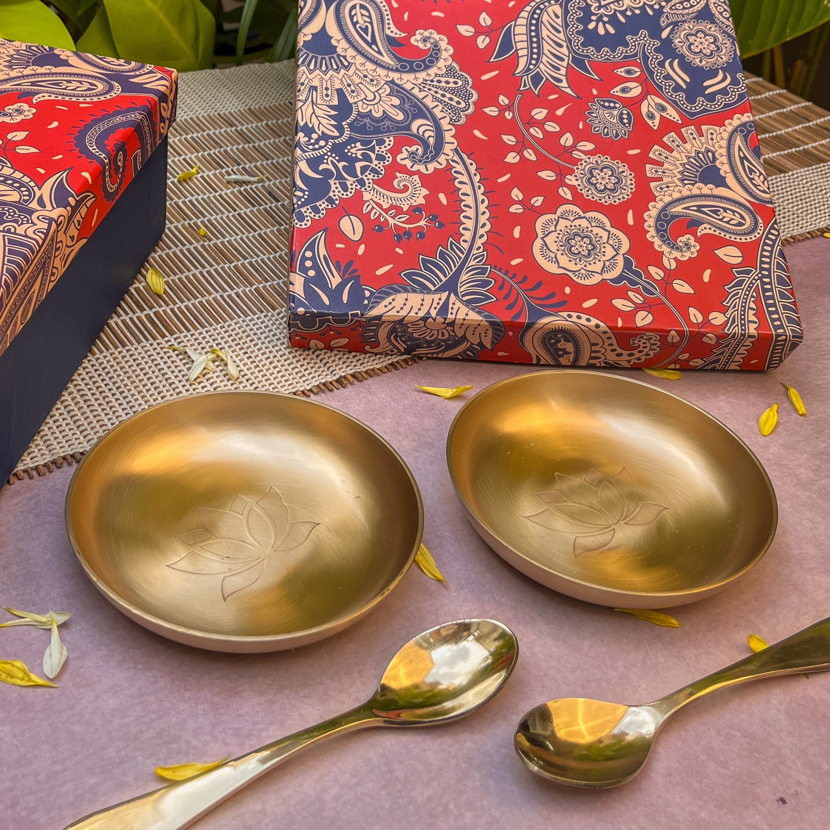 Gift Box - AMBI 100% Pure Lead Free Kansa Lotus Etched Small Plate & Spoon