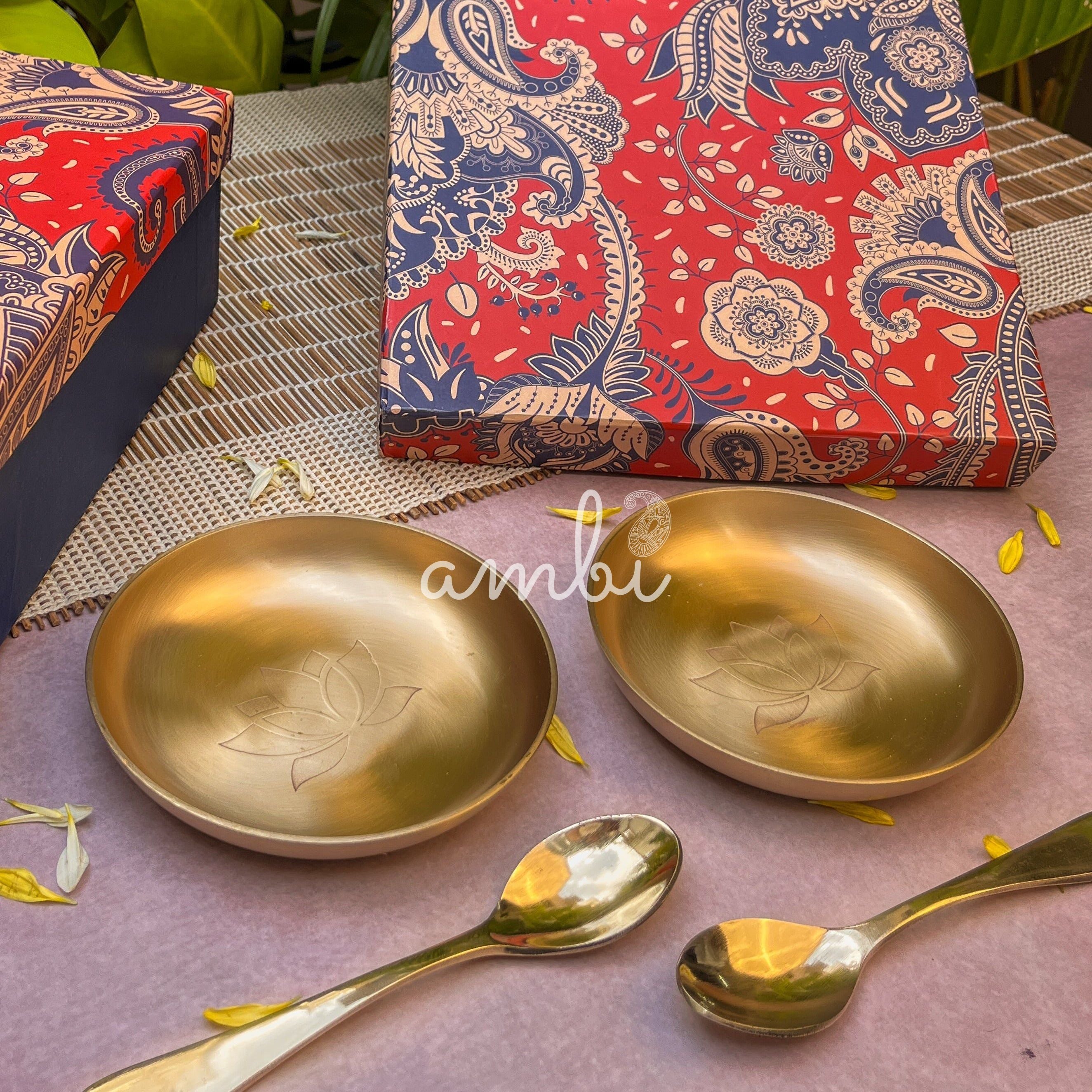 Gift Box - AMBI 100% Pure Lead Free Kansa Lotus Etched Small Plate & Spoon Set of 2/4/8