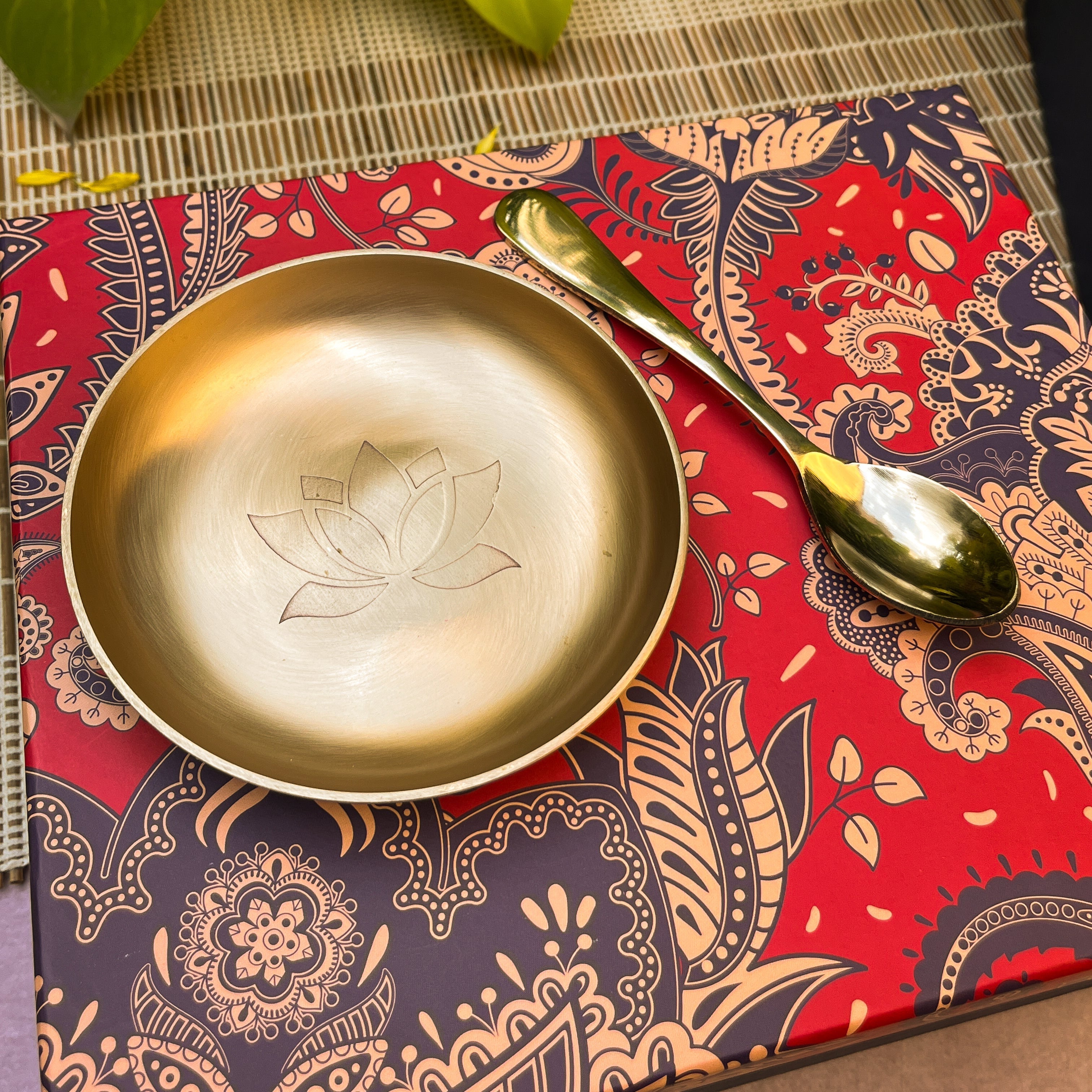 Gift Box - AMBI 100% Pure Lead Free Kansa Lotus Etched Small Plate & Spoon