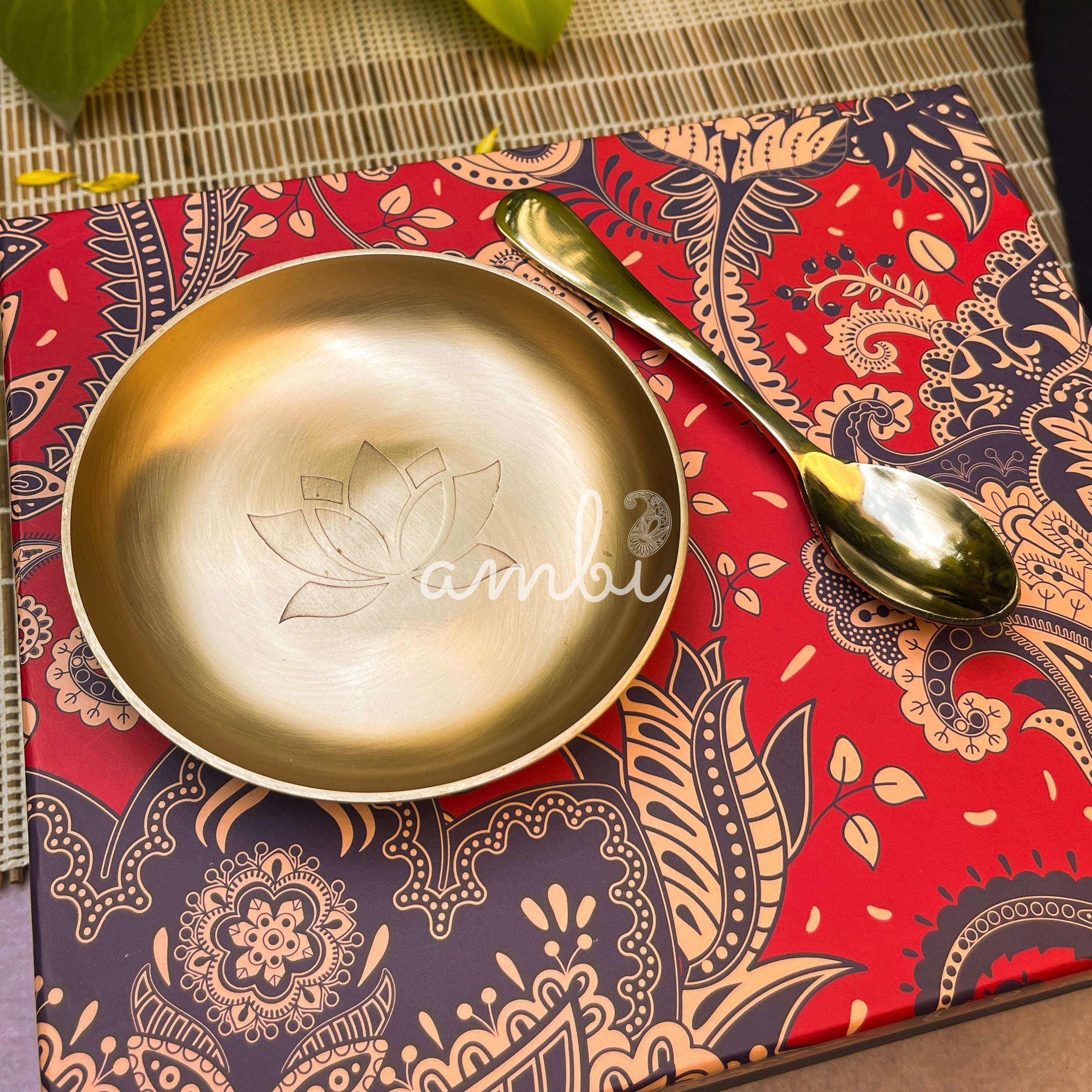 Gift Box - AMBI 100% Pure Lead Free Kansa Lotus Etched Small Plate & Spoon Set of 2/4/8