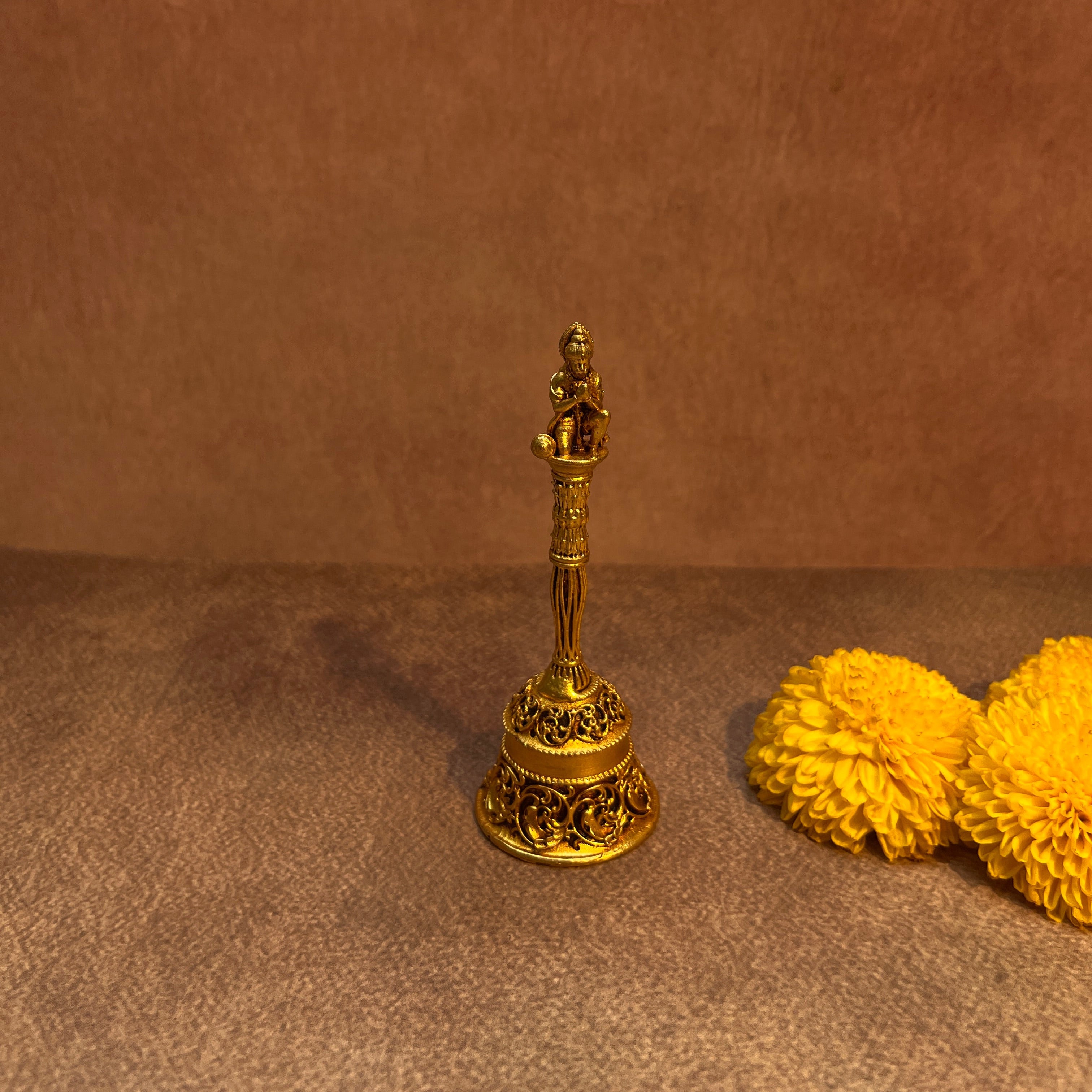 Ambi Pure Brass Hanuman Bell for Pooja & Aarti |Kneeling Hanuman Idol Handle & Gada|