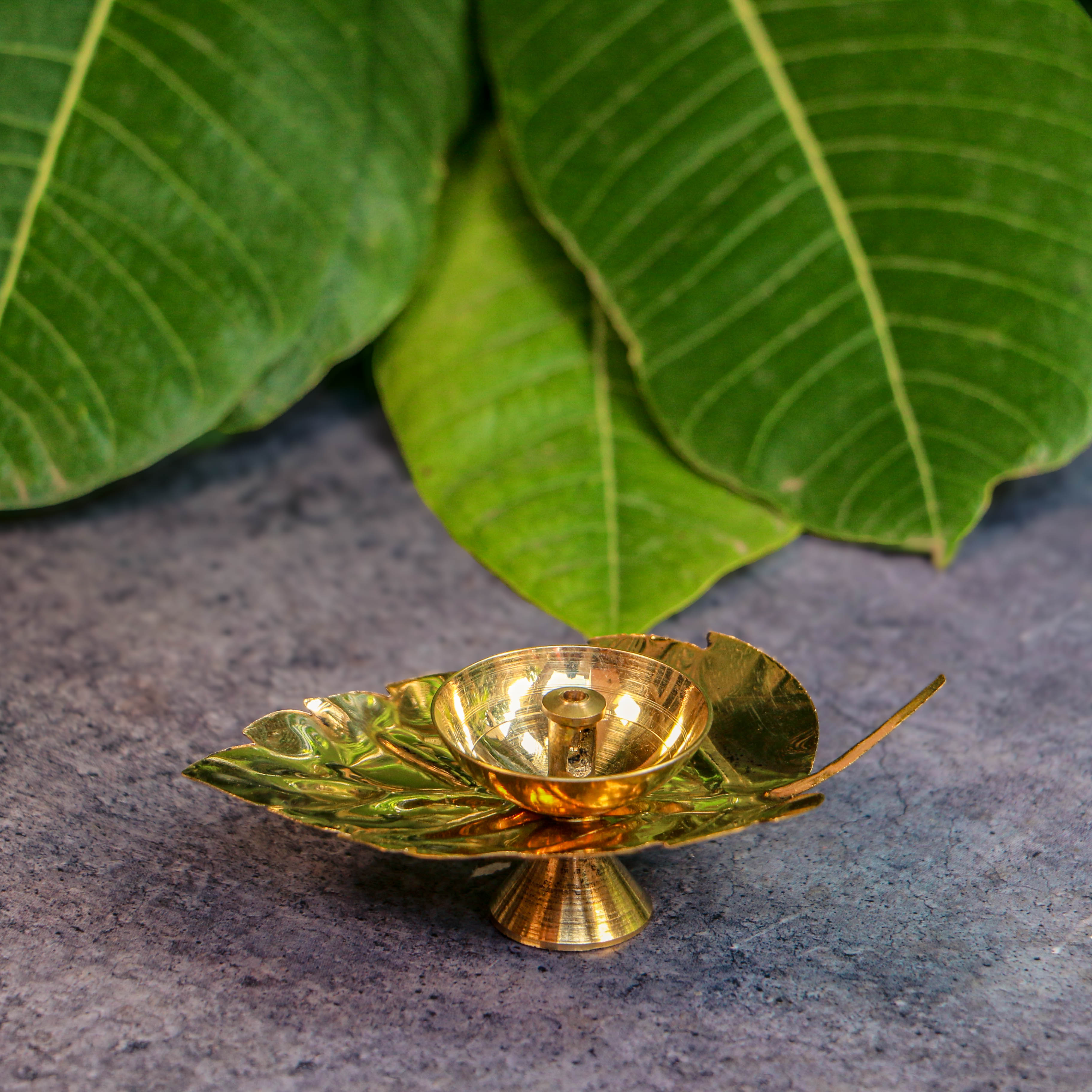 100% Pure Brass Pooja Leaf Deepam / Deepak / Diya - Small - Set of 2