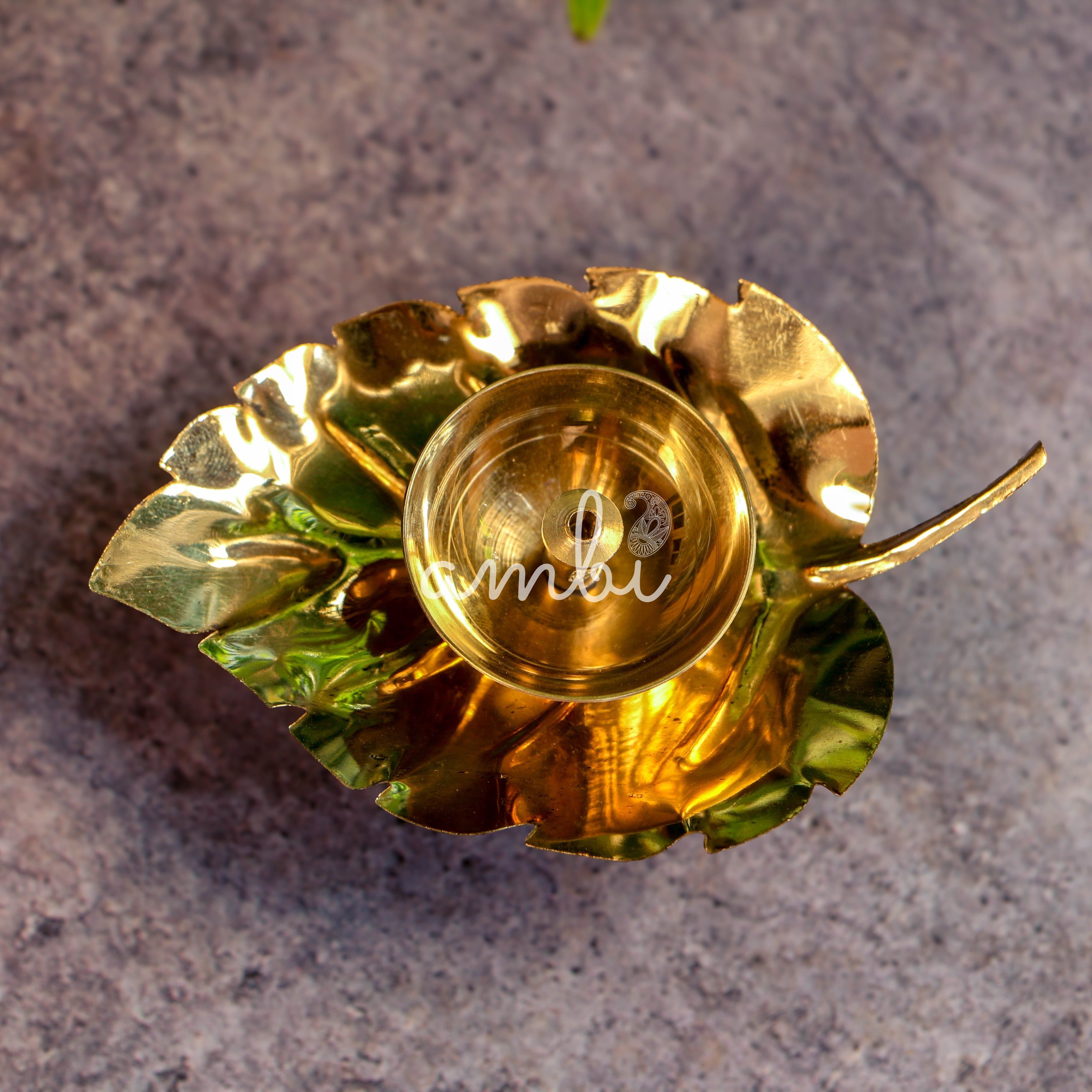 100% Pure Brass Pooja Leaf Deepam / Deepak / Diya - Small - Set of 2