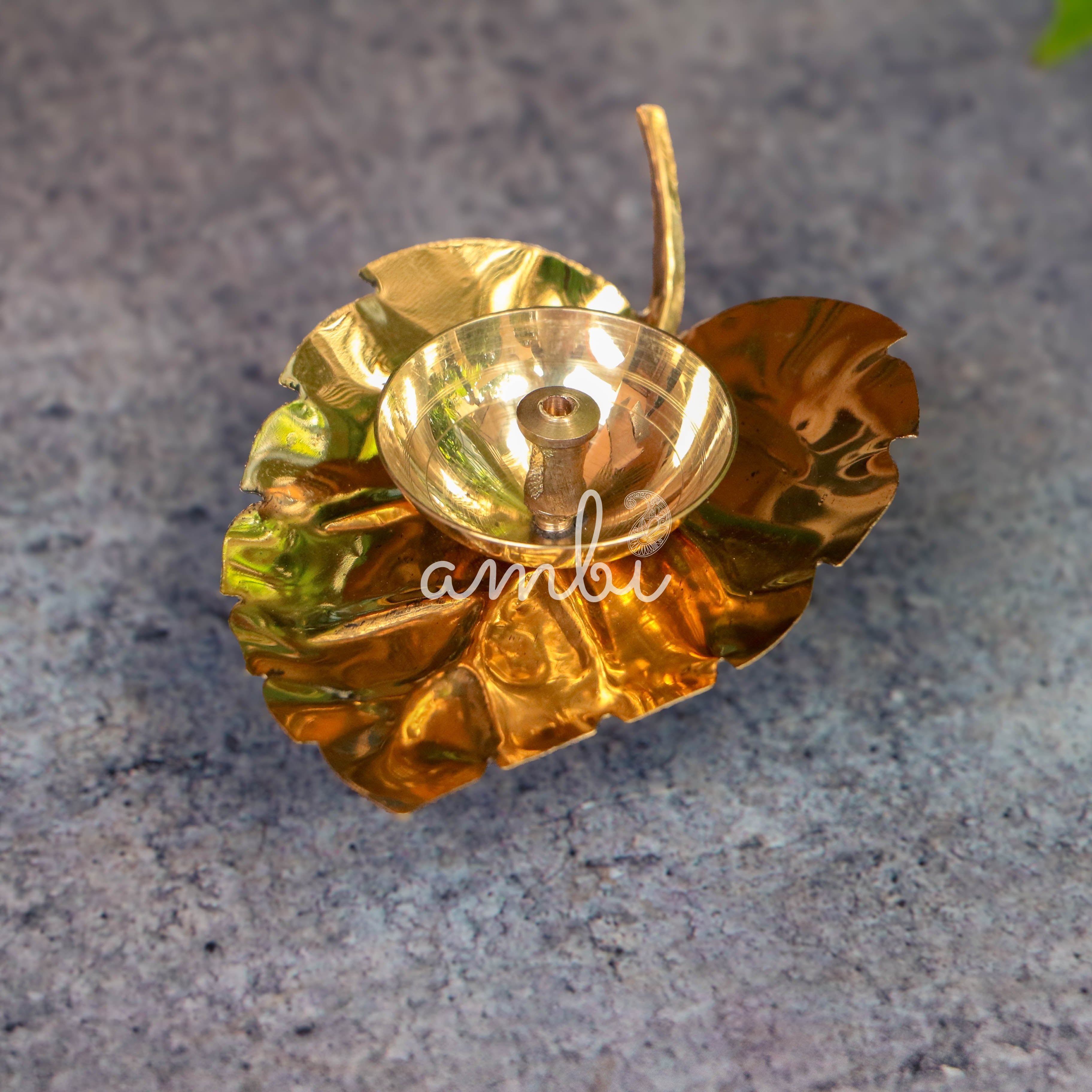 100% Pure Brass Pooja Leaf Deepam / Deepak / Diya - Small - Set of 2