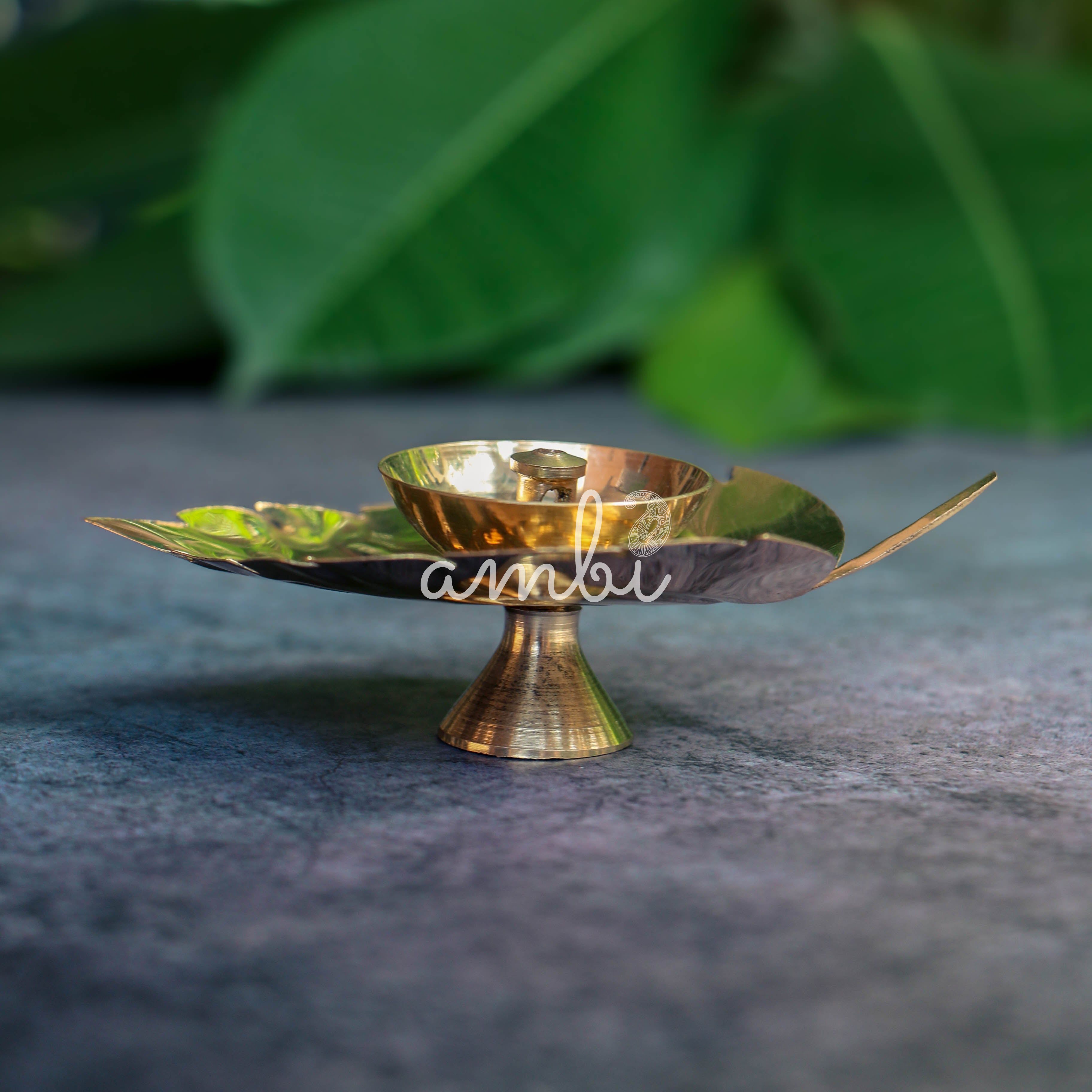 100% Pure Brass Pooja Leaf Deepam / Deepak / Diya - Small - Set of 2