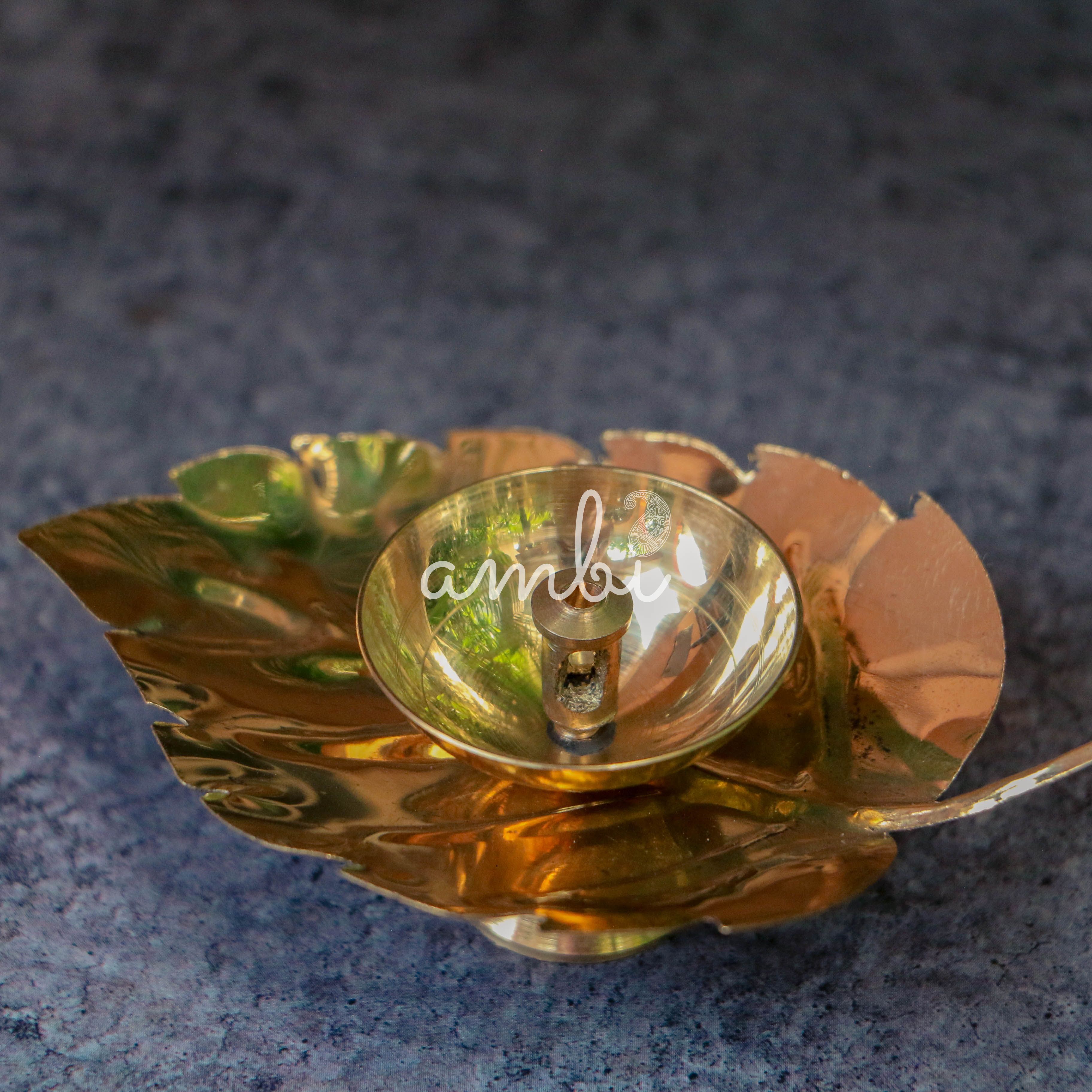 100% Pure Brass Pooja Leaf Deepam / Deepak / Diya - Small - Set of 2