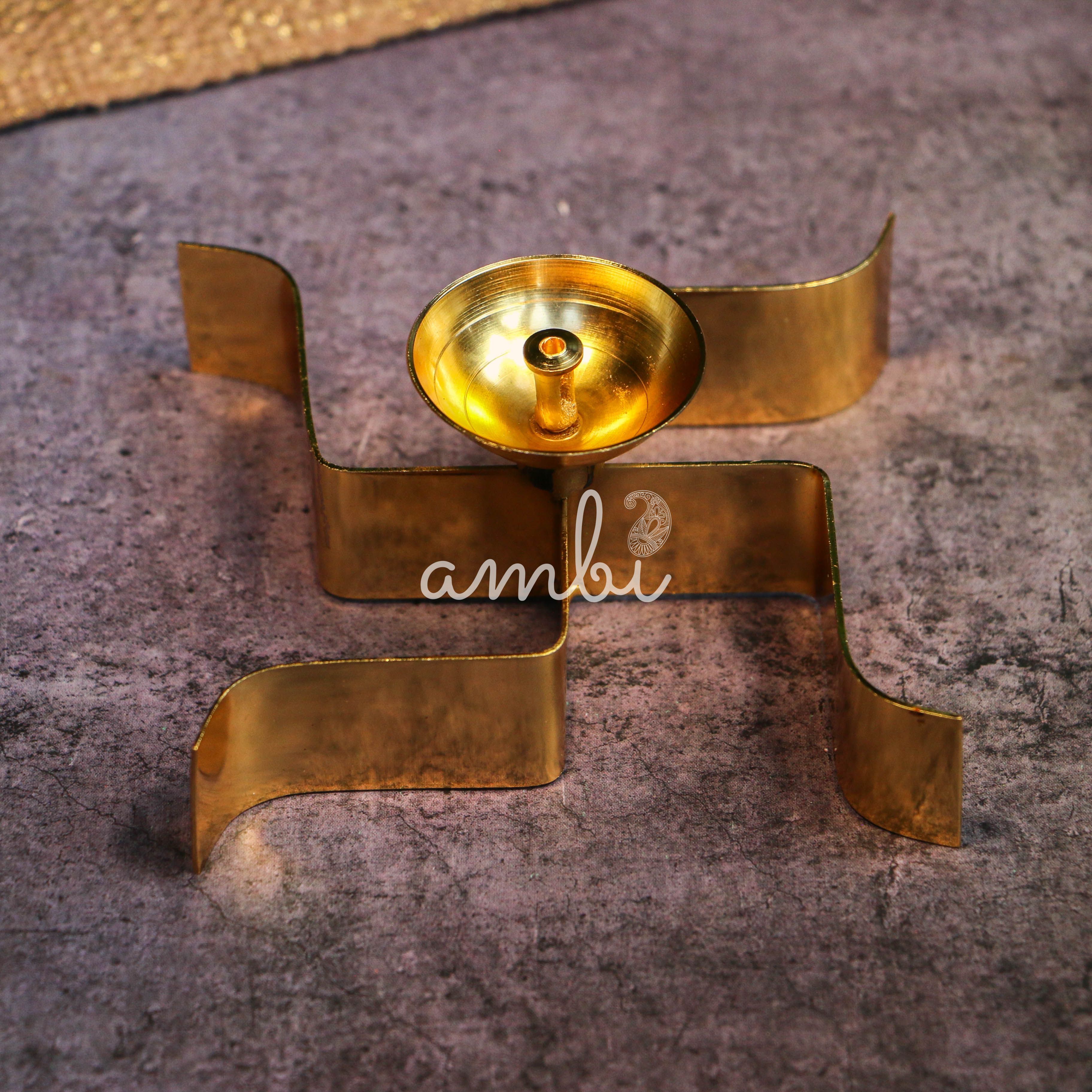 100% Pure Brass Pooja Swastik Satya Deepam / Deepak / Diya - Horizontal