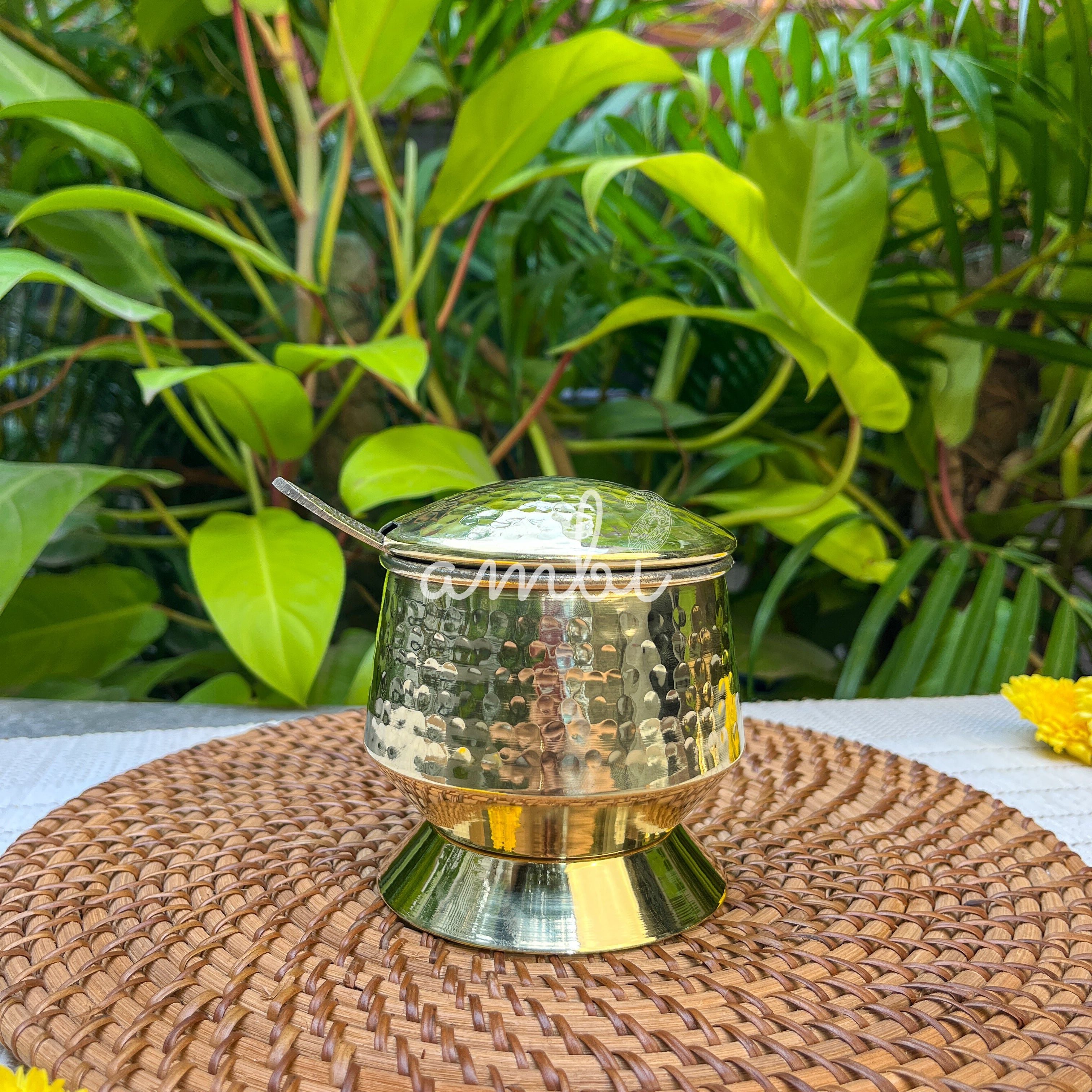Pure Brass Hammered Ghee Pot With Spoon - Gold Finish 400 ml