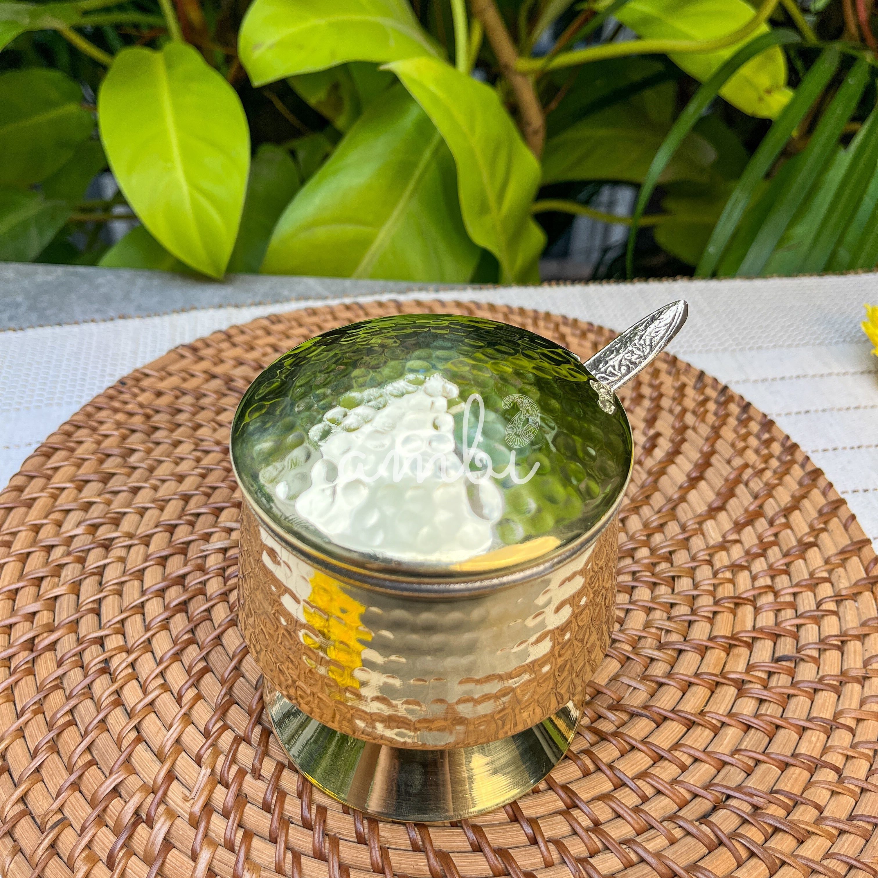 Pure Brass Hammered Ghee Pot With Spoon - Gold Finish 400 ml
