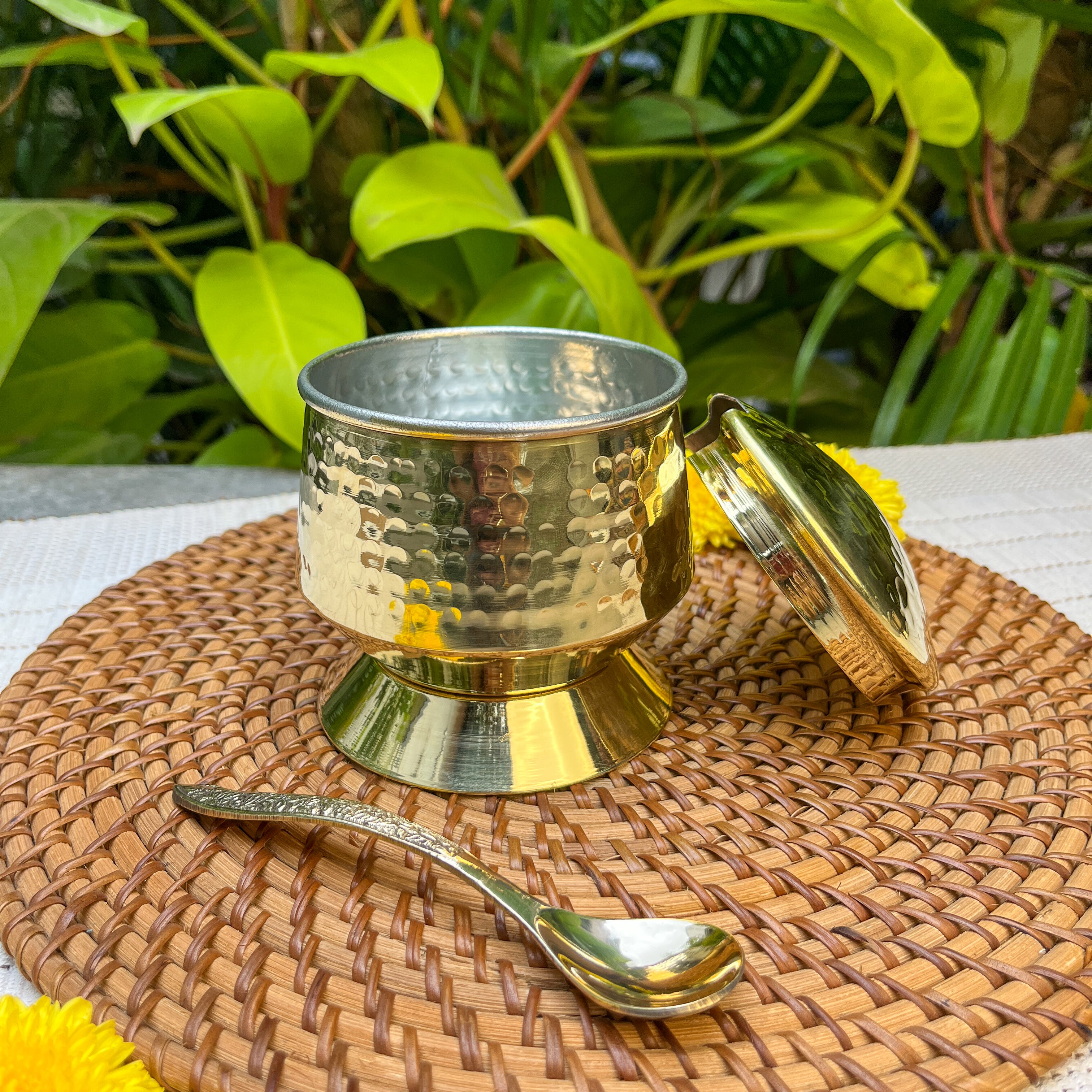 Pure Brass Hammered Ghee Pot With Spoon - Gold Finish 400 ml