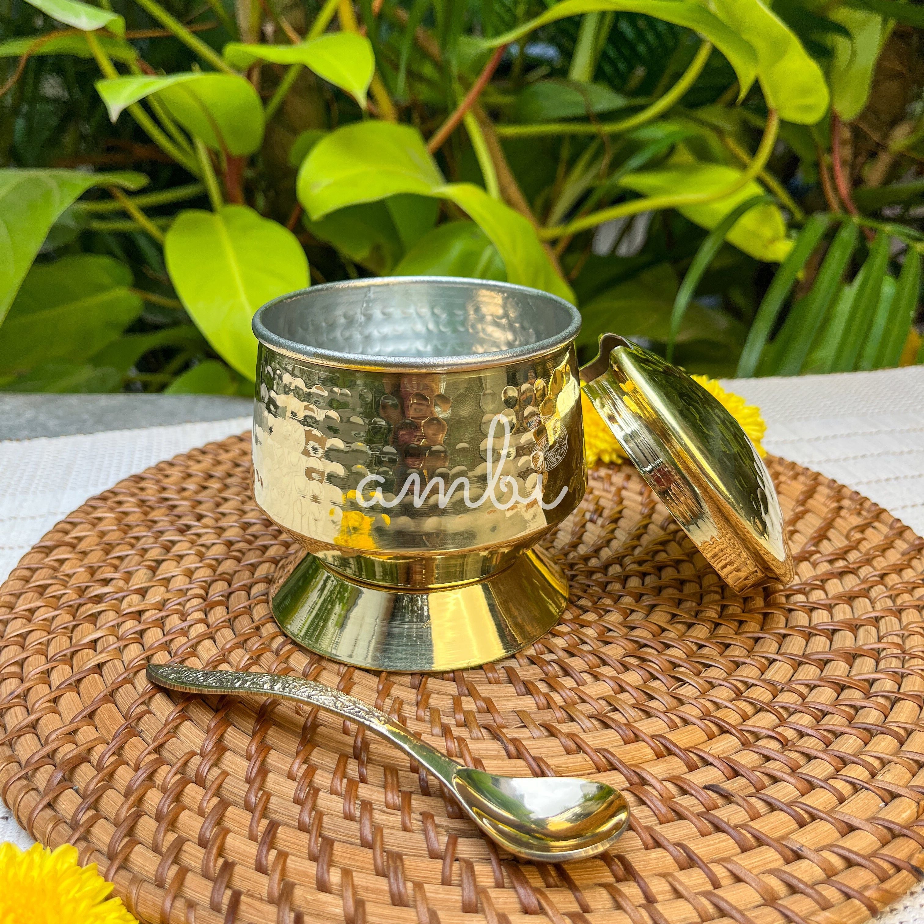 Pure Brass Hammered Ghee Pot With Spoon - Gold Finish 400 ml